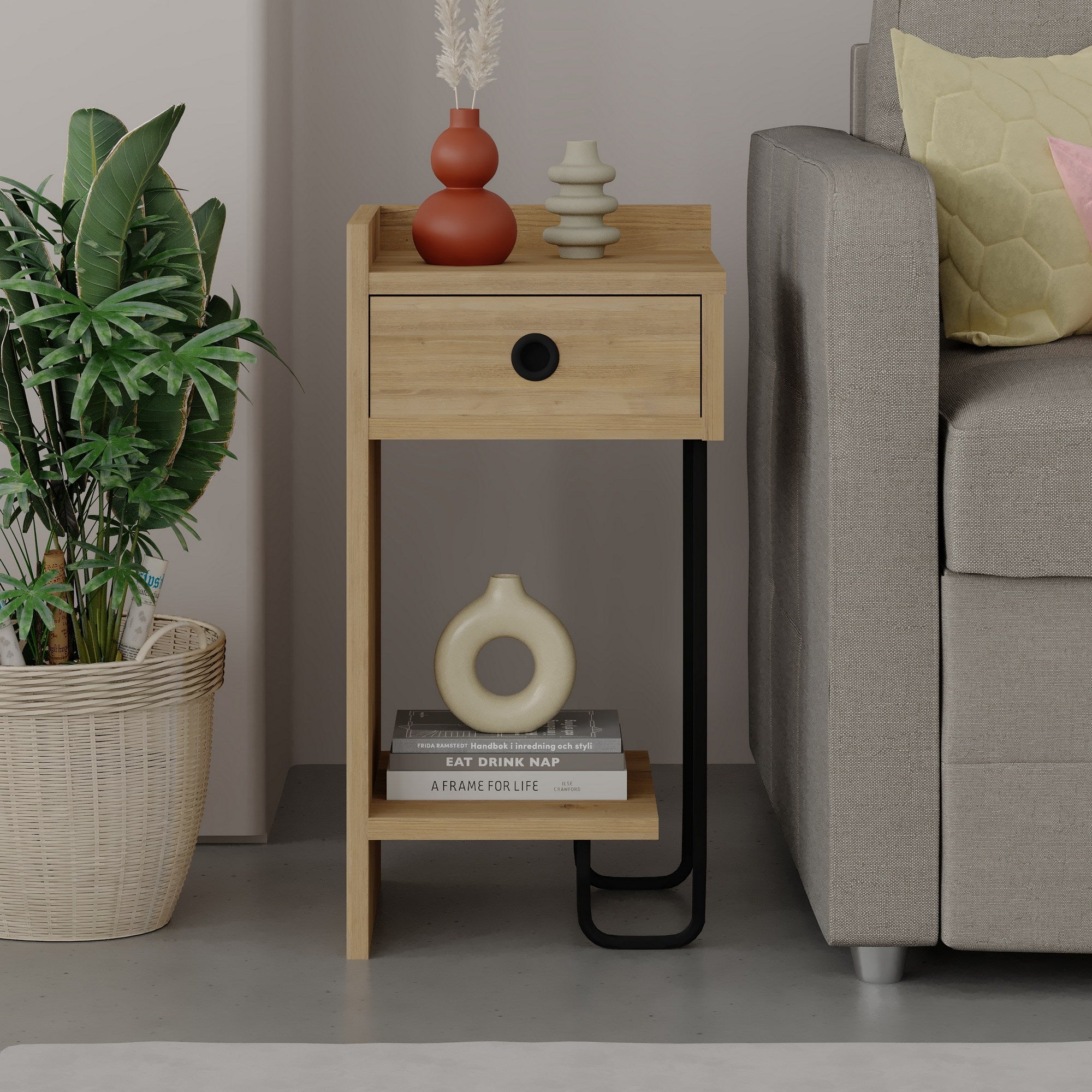 Mesa de Cabeceira Elegante em Carvalho, 32 x 61 x 30 cm | Painel de Partículas 100% Revestido em Melamina, 18 mm de Espessura | Solução de Armazenamento Elegante para Quartos Modernos