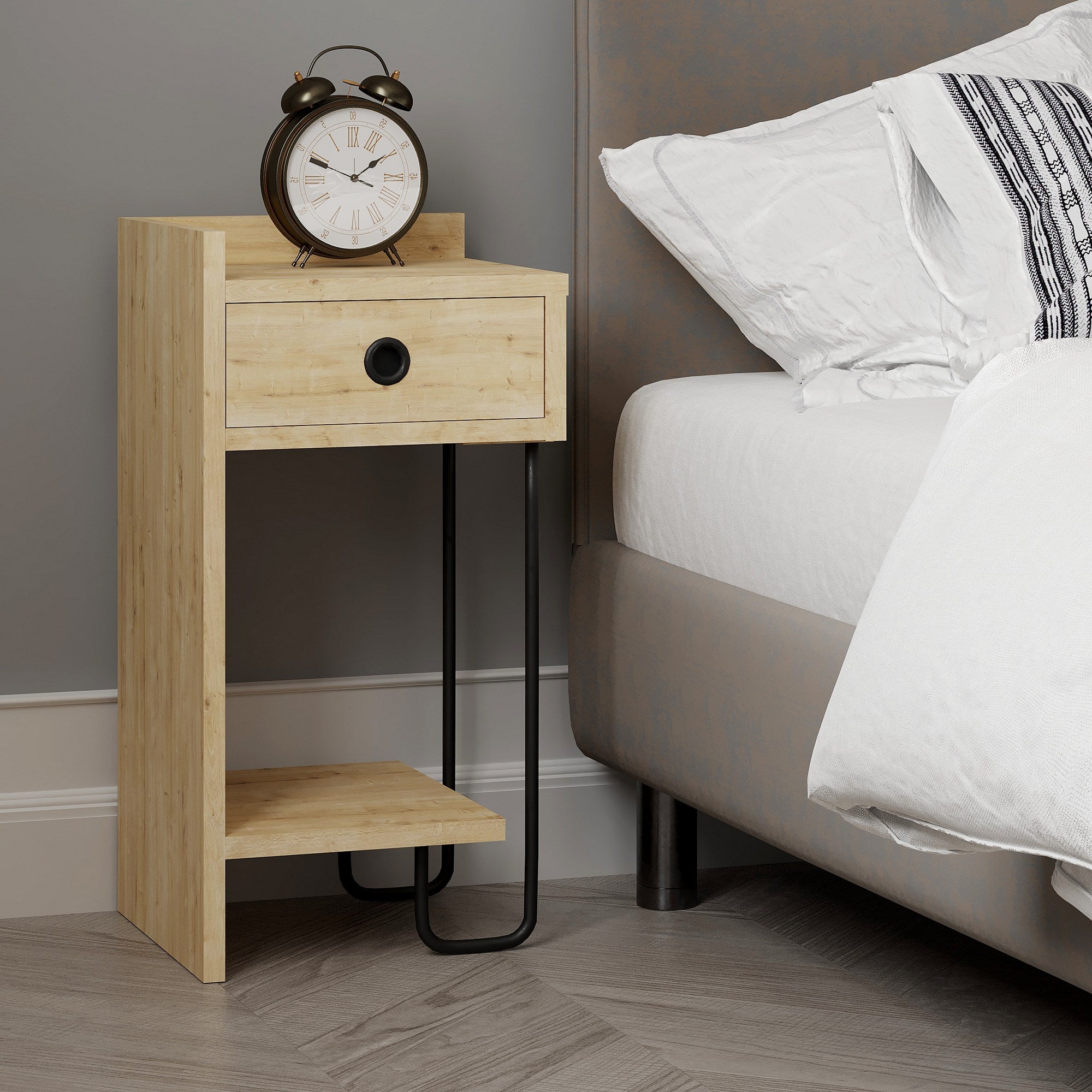 Mesa de Cabeceira Elegante em Carvalho, 32 x 61 x 30 cm | Painel de Partículas 100% Revestido em Melamina, 18 mm de Espessura | Solução de Armazenamento Elegante para Quartos Modernos