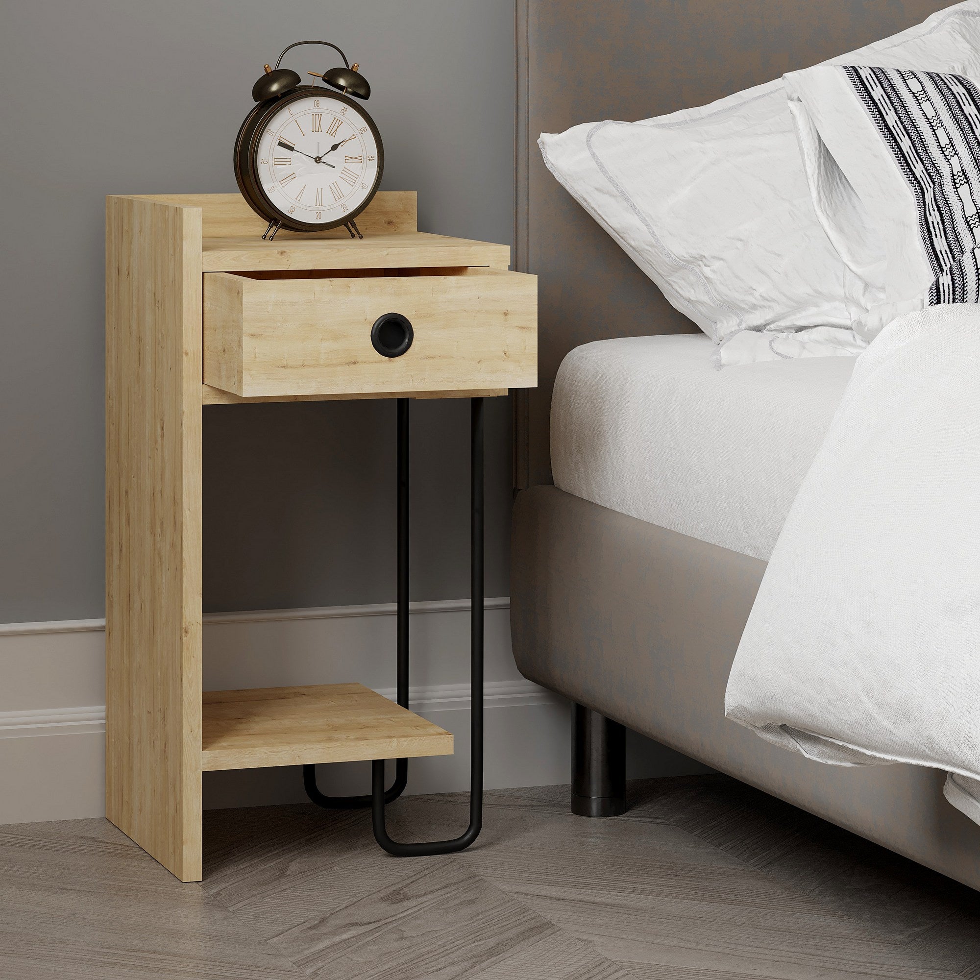 Mesa de Cabeceira Elegante em Carvalho, 32 x 61 x 30 cm | Painel de Partículas 100% Revestido em Melamina, 18 mm de Espessura | Solução de Armazenamento Elegante para Quartos Modernos