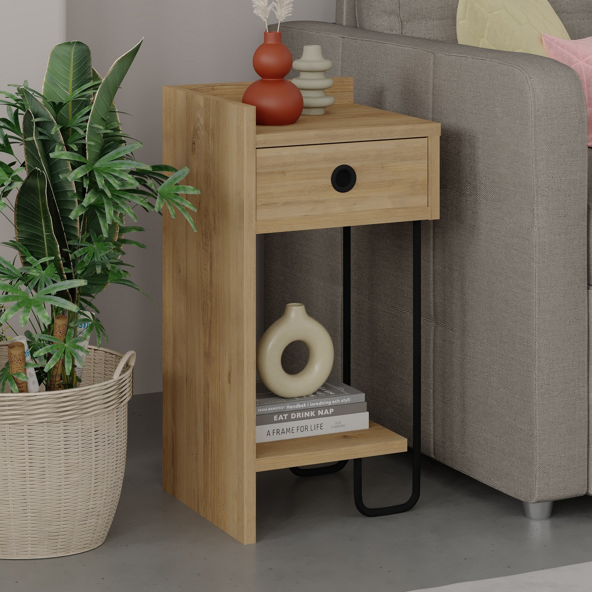 Mesa de Cabeceira Elegante em Carvalho, 32 x 61 x 30 cm | Painel de Partículas 100% Revestido em Melamina, 18 mm de Espessura | Solução de Armazenamento Elegante para Quartos Modernos