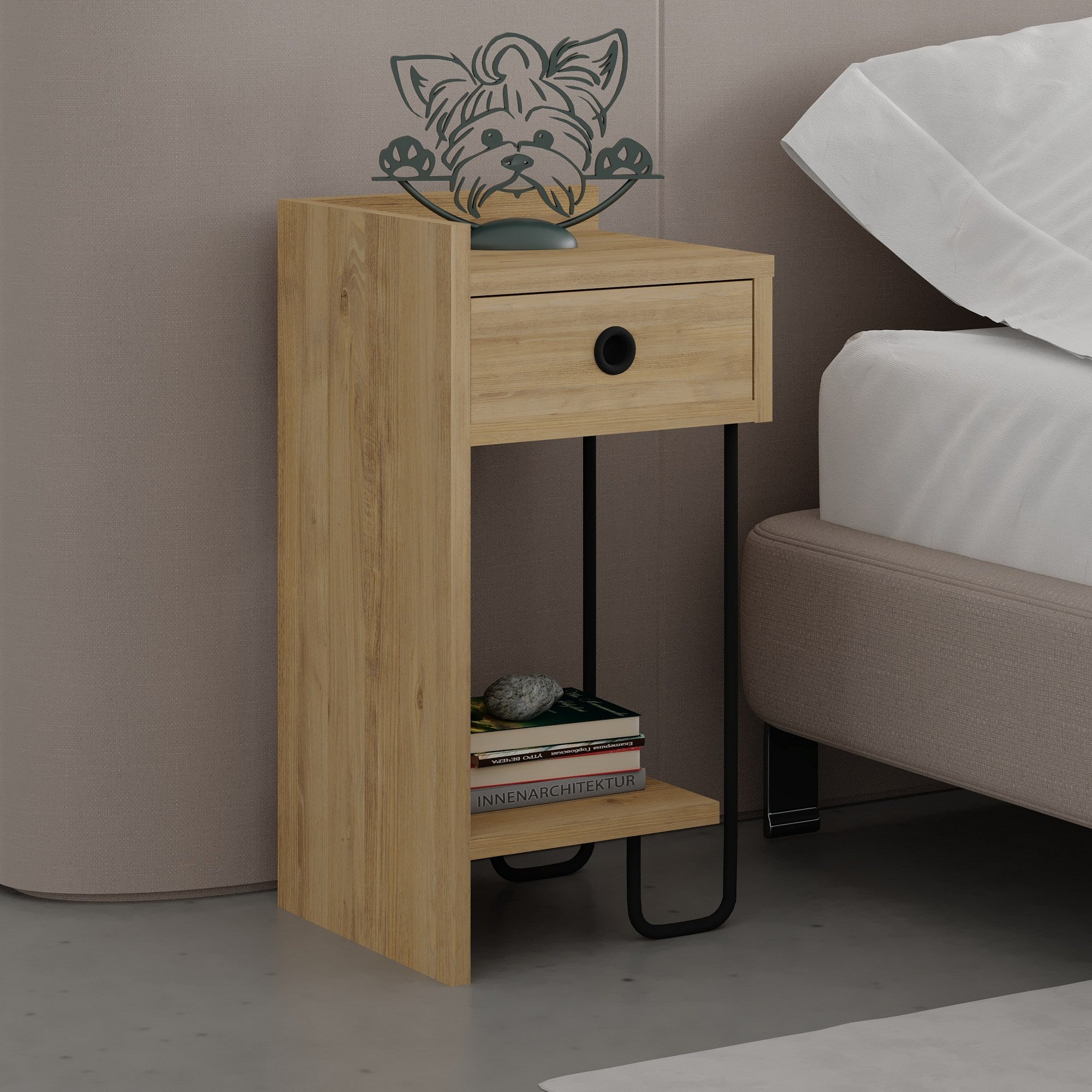 Mesa de Cabeceira Elegante em Carvalho, 32 x 61 x 30 cm | Painel de Partículas 100% Revestido em Melamina, 18 mm de Espessura | Solução de Armazenamento Elegante para Quartos Modernos