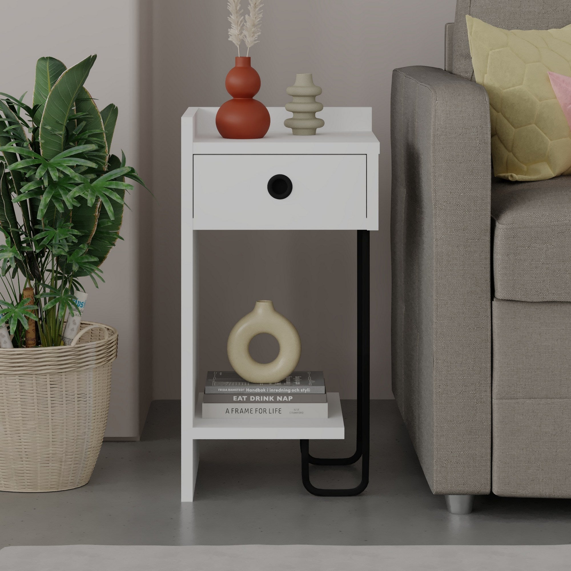 Mesa de cabeceira branca elegante, 32 x 61 x 30 cm | Painel de partículas 100% revestido em melamina, 18 mm de espessura | Perfeito para quartos e salas de estar modernos