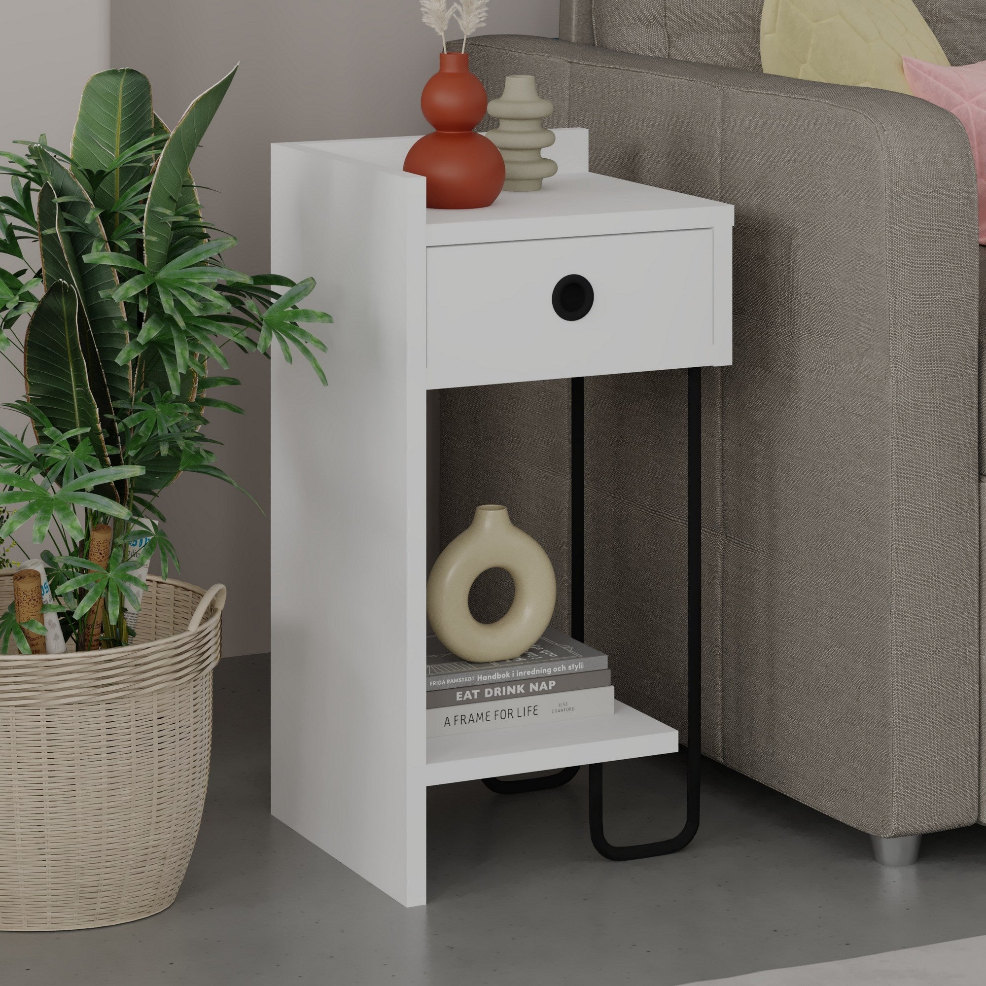Mesa de cabeceira branca elegante, 32 x 61 x 30 cm | Painel de partículas 100% revestido em melamina, 18 mm de espessura | Perfeito para quartos e salas de estar modernos