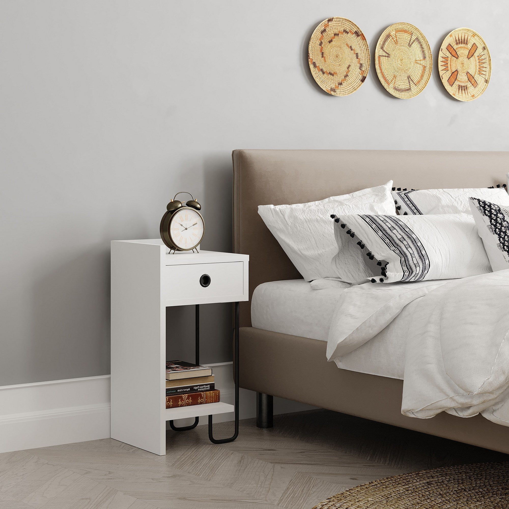 Mesa de cabeceira branca elegante, 32 x 61 x 30 cm | Painel de partículas 100% revestido em melamina, 18 mm de espessura | Perfeito para quartos e salas de estar modernos