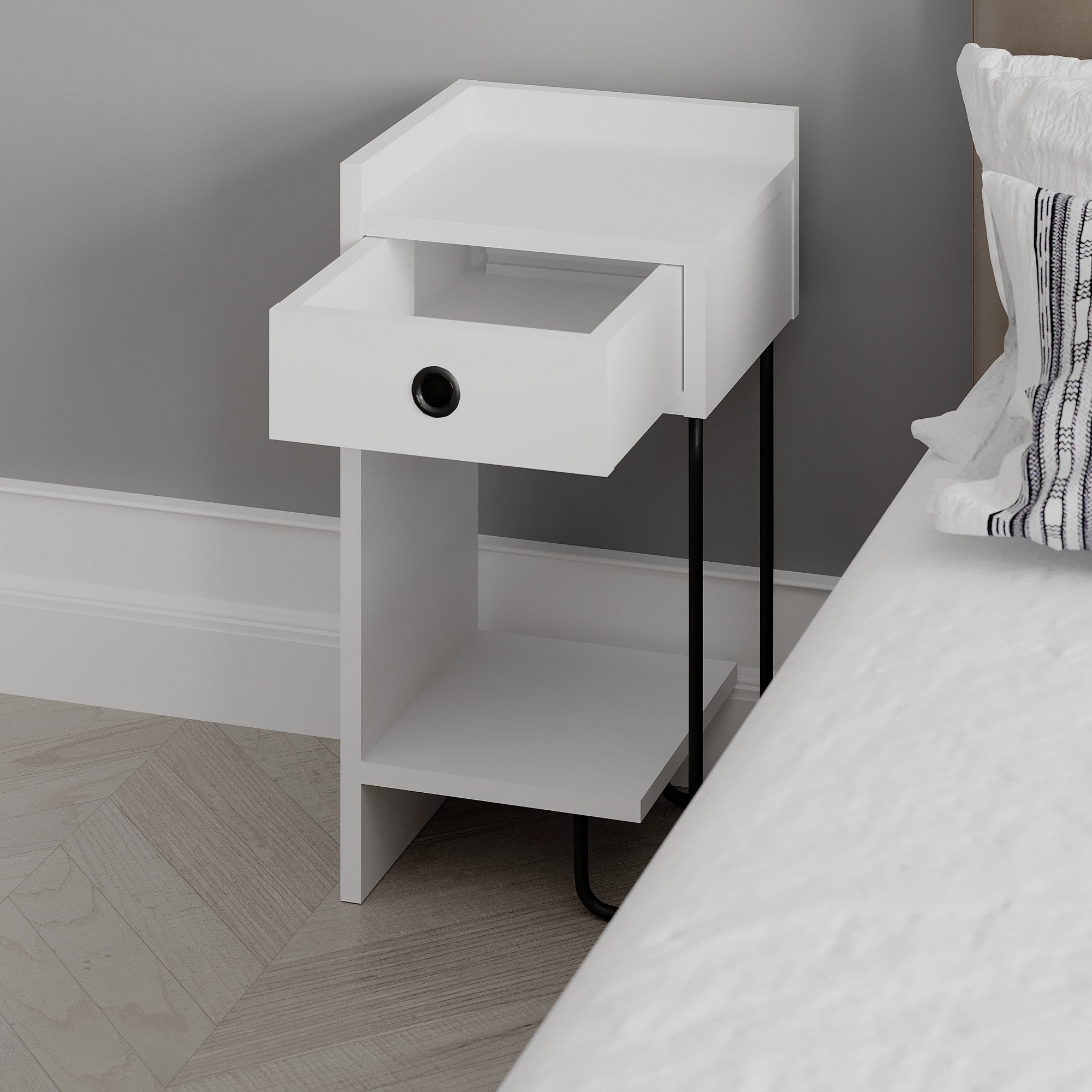 Mesa de cabeceira branca elegante, 32 x 61 x 30 cm | Painel de partículas 100% revestido em melamina, 18 mm de espessura | Perfeito para quartos e salas de estar modernos