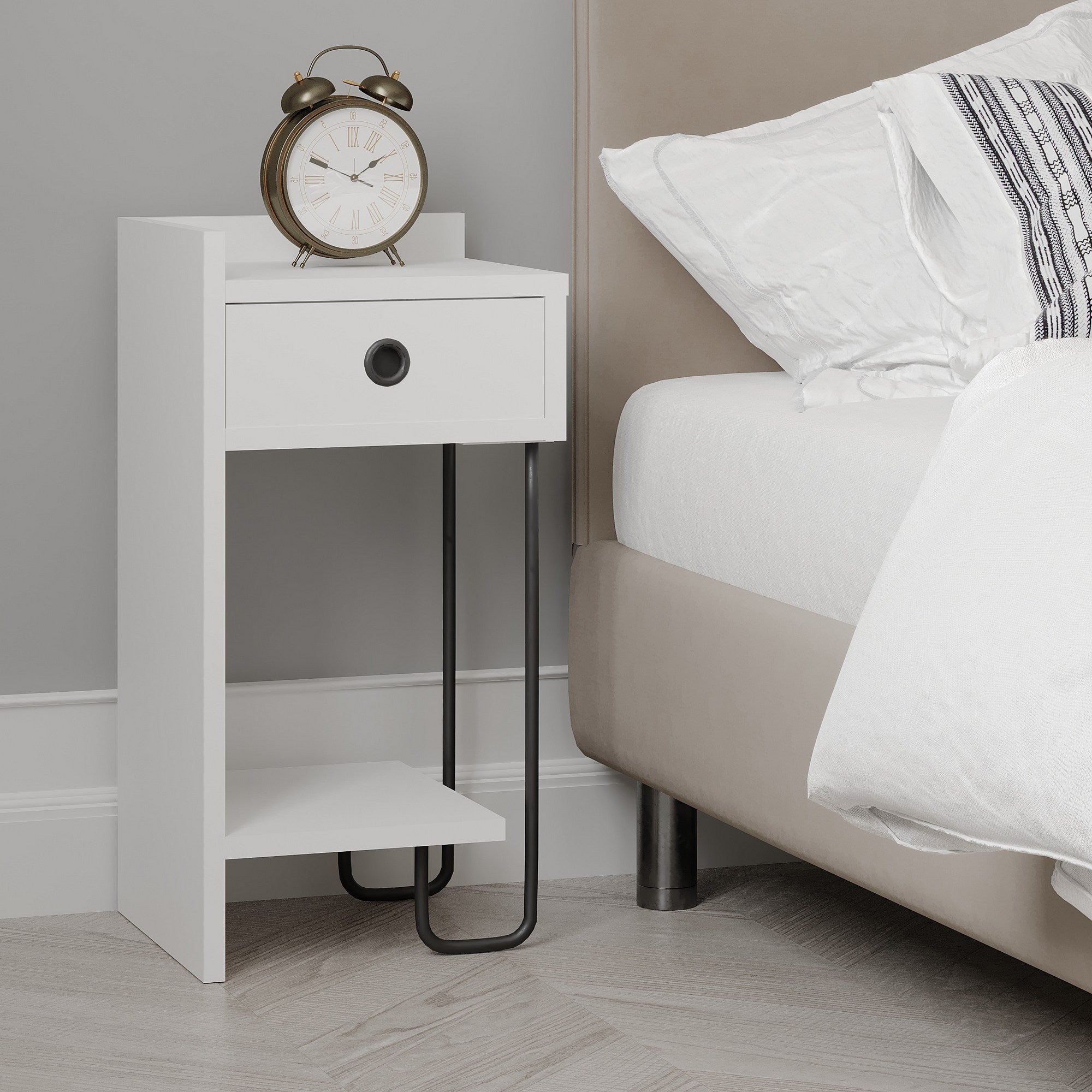 Mesa de cabeceira branca elegante, 32 x 61 x 30 cm | Painel de partículas 100% revestido em melamina, 18 mm de espessura | Perfeito para quartos e salas de estar modernos