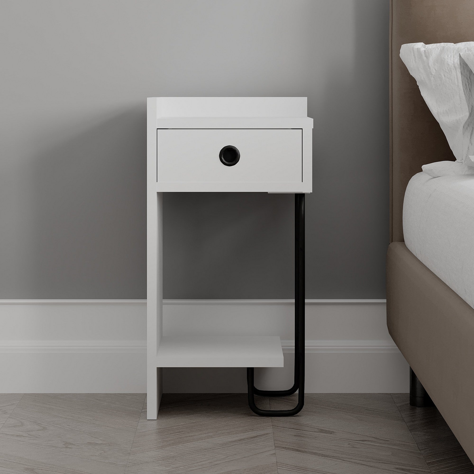 Mesa de cabeceira branca elegante, 32 x 61 x 30 cm | Painel de partículas 100% revestido em melamina, 18 mm de espessura | Perfeito para quartos e salas de estar modernos
