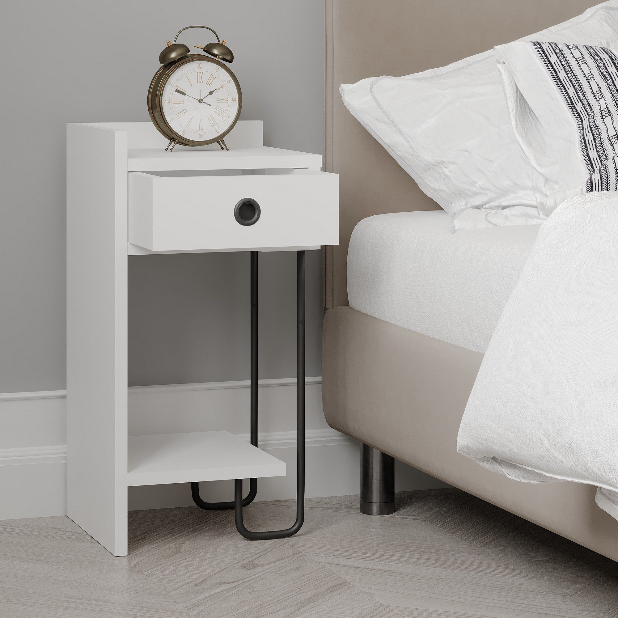 Mesa de cabeceira branca elegante, 32 x 61 x 30 cm | Painel de partículas 100% revestido em melamina, 18 mm de espessura | Perfeito para quartos e salas de estar modernos