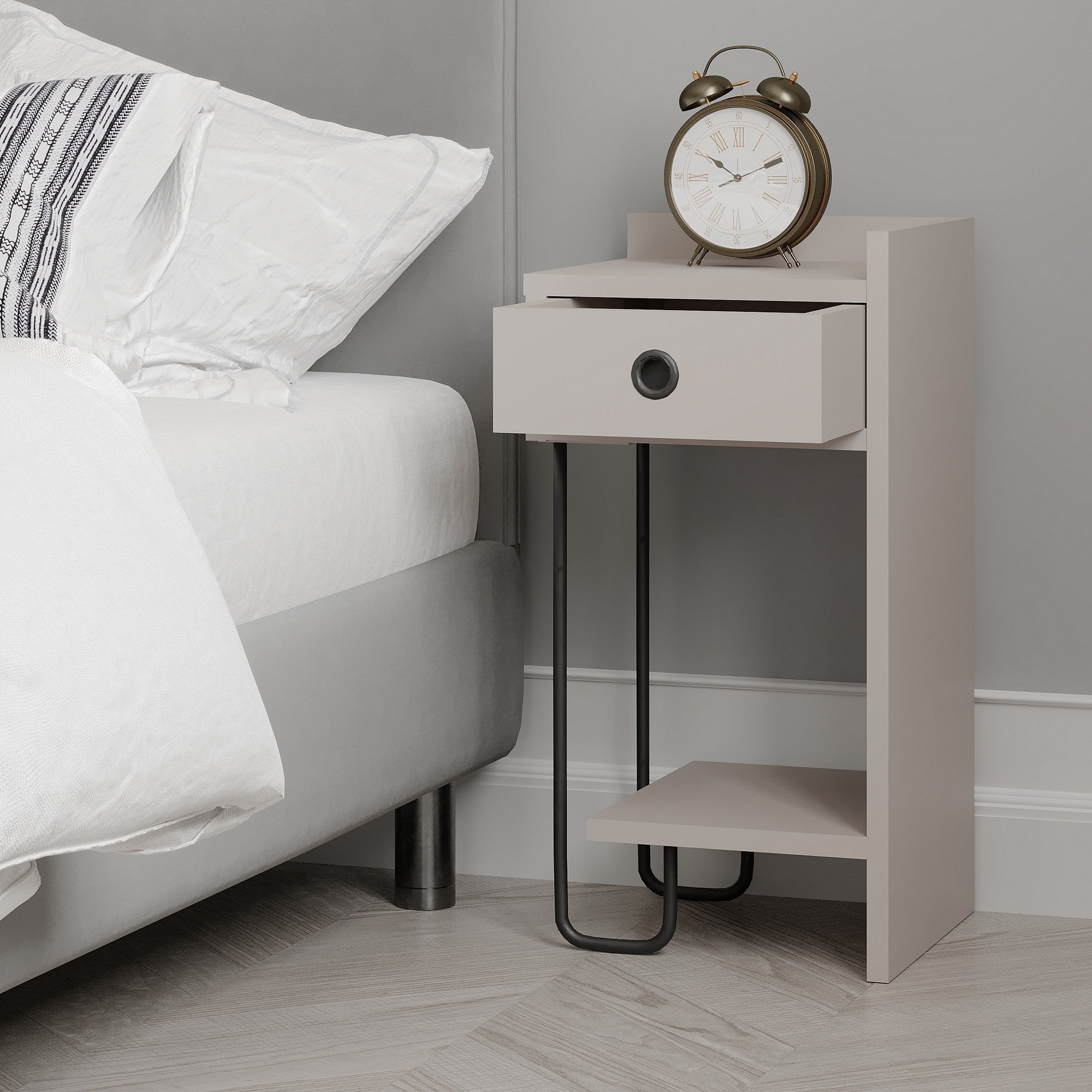 Mesa de Cabeceira Elegante em Cor Mocha Claro, 32 x 61 x 30 cm | Painel de Partículas 100% Revestido em Melamina, 18 mm de Espessura | Solução de Armazenamento Elegante para Quartos Modernos
