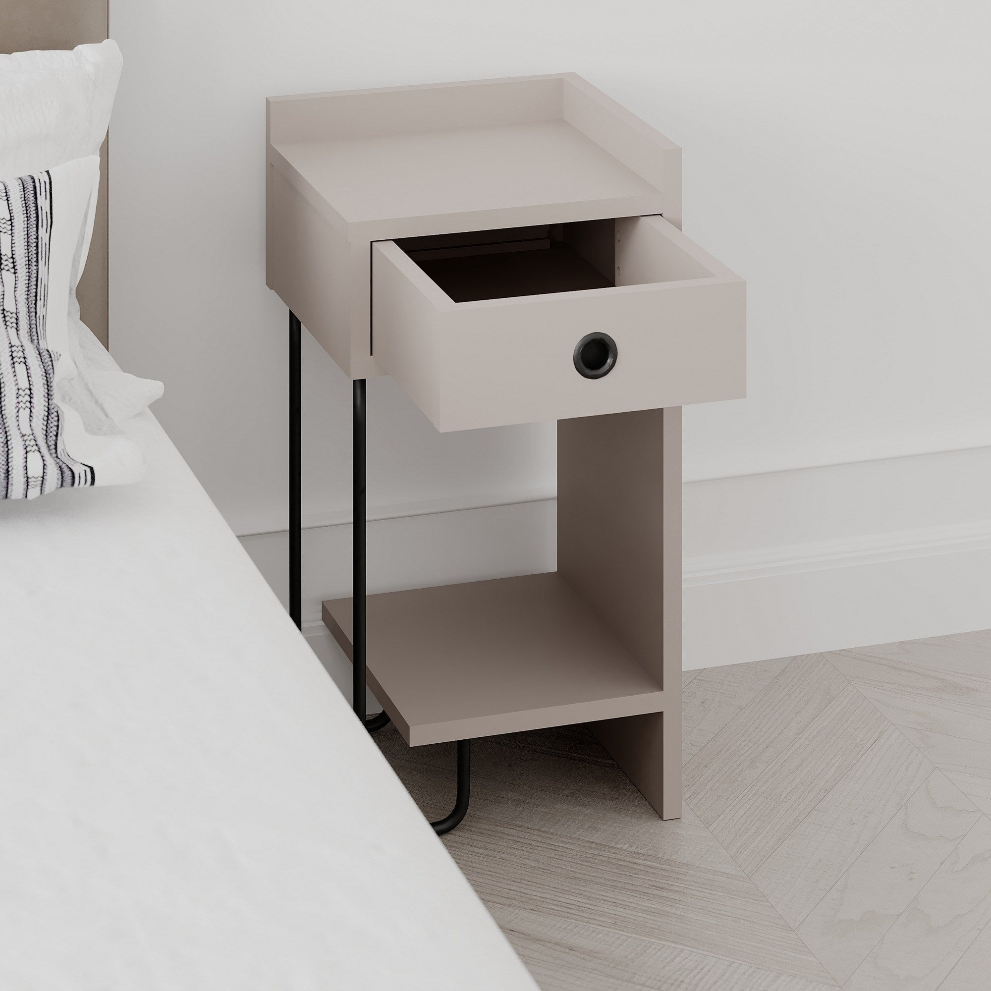 Mesa de Cabeceira Elegante em Cor Mocha Claro, 32 x 61 x 30 cm | Painel de Partículas 100% Revestido em Melamina, 18 mm de Espessura | Solução de Armazenamento Elegante para Quartos Modernos