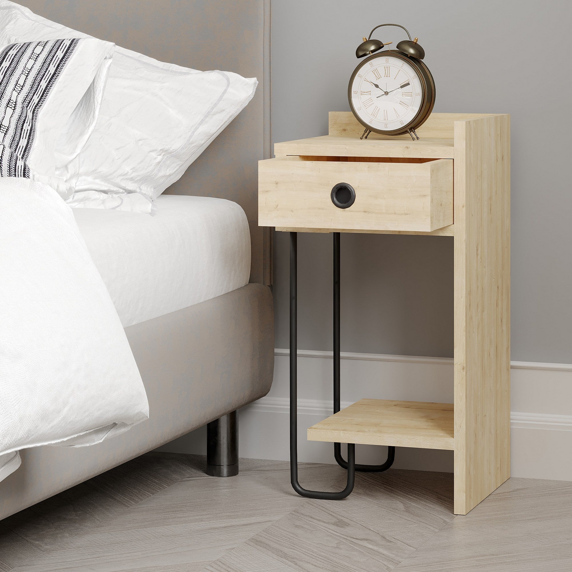 Mesa de Cabeceira Elegante em Carvalho, 32 x 61 x 30 cm | Painel de Partículas 100% Revestido em Melamina, 18 mm de Espessura | Solução de Armazenamento Elegante para Quartos Modernos