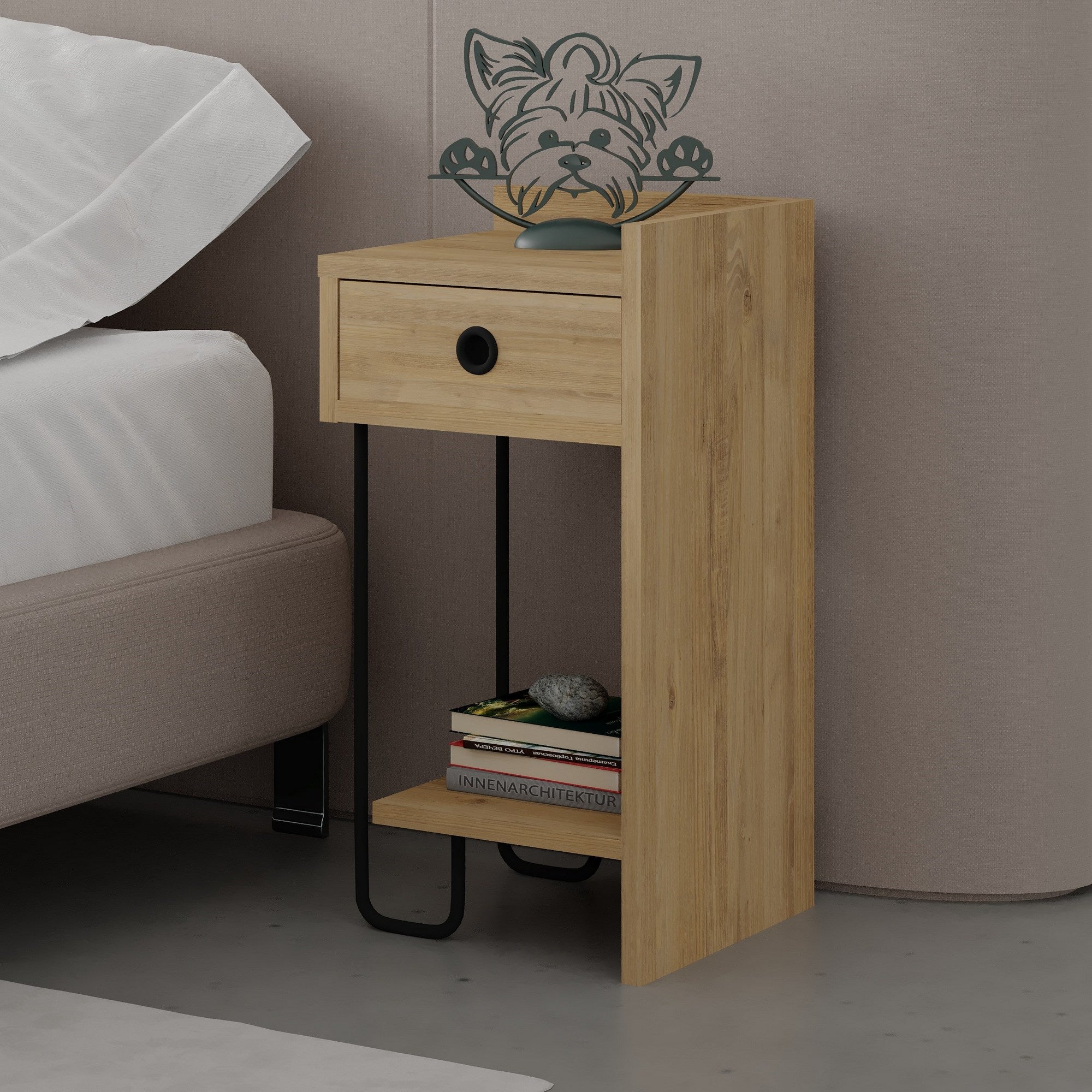Mesa de Cabeceira Elegante em Carvalho, 32 x 61 x 30 cm | Painel de Partículas 100% Revestido em Melamina, 18 mm de Espessura | Solução de Armazenamento Elegante para Quartos Modernos