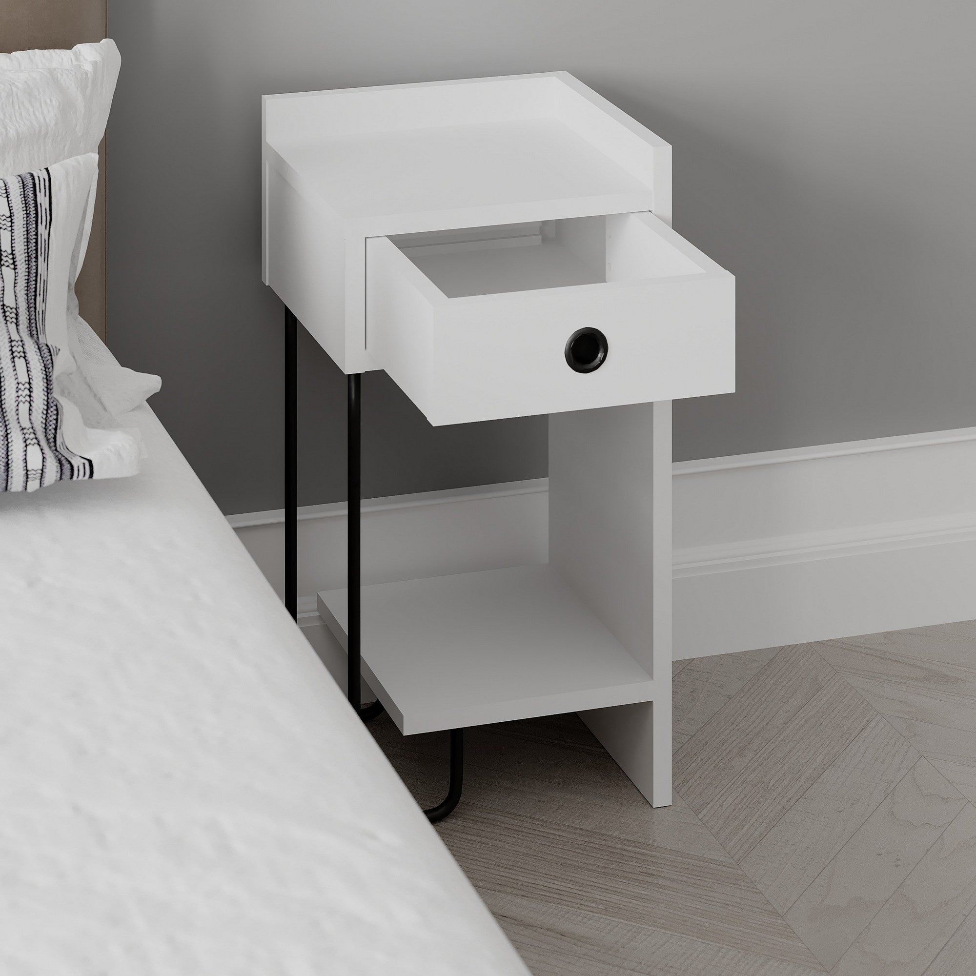 Mesa de cabeceira branca elegante, 32 x 61 x 30 cm | Painel de partículas 100% revestido em melamina, 18 mm de espessura | Perfeito para quartos e salas de estar modernos
