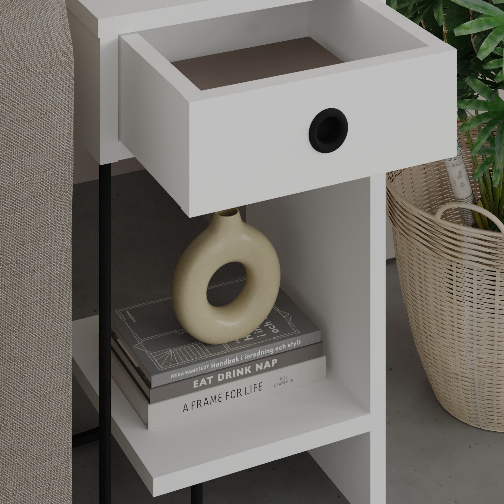 Mesa de cabeceira branca elegante, 32 x 61 x 30 cm | Painel de partículas 100% revestido em melamina, 18 mm de espessura | Perfeito para quartos e salas de estar modernos