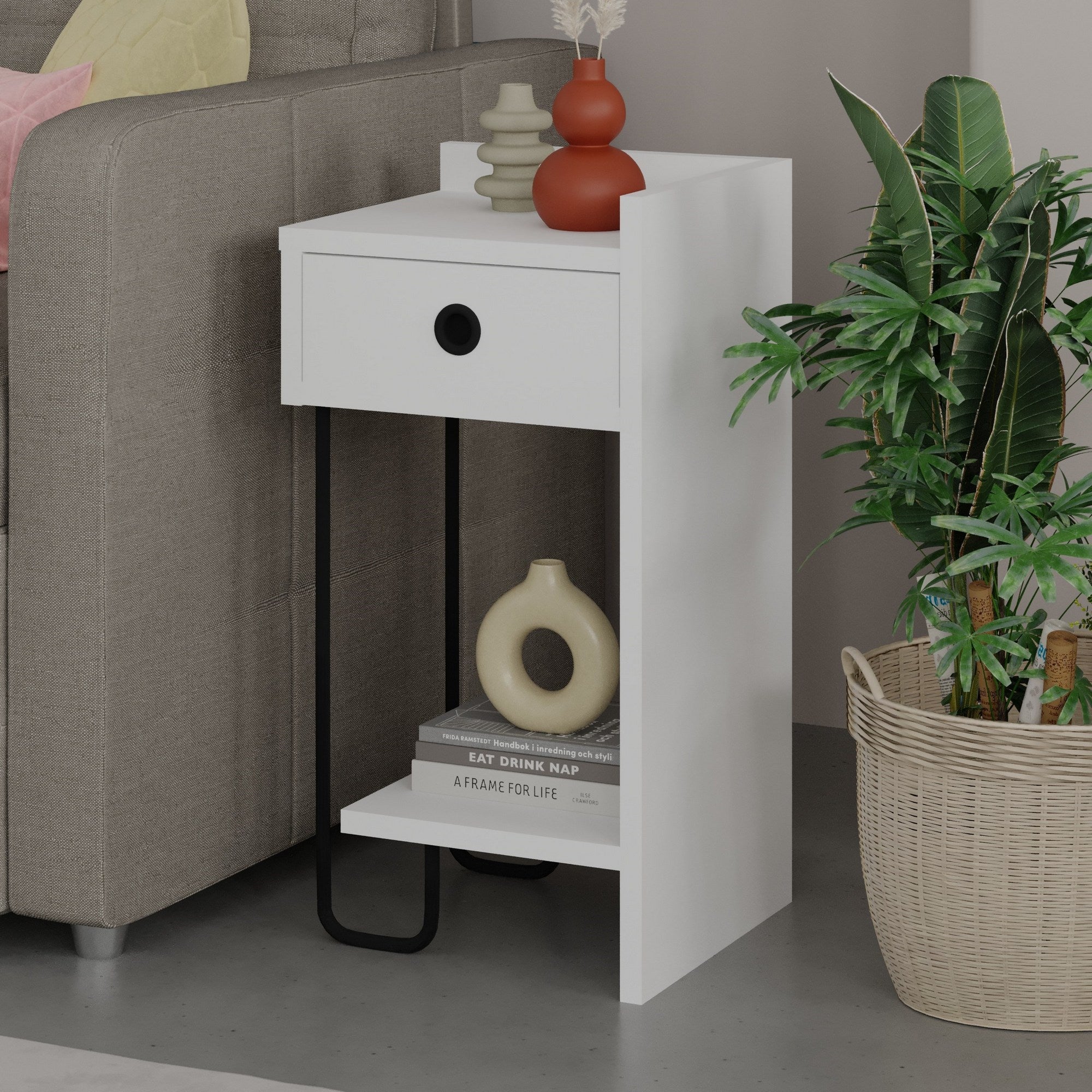 Mesa de cabeceira branca elegante, 32 x 61 x 30 cm | Painel de partículas 100% revestido em melamina, 18 mm de espessura | Perfeito para quartos e salas de estar modernos