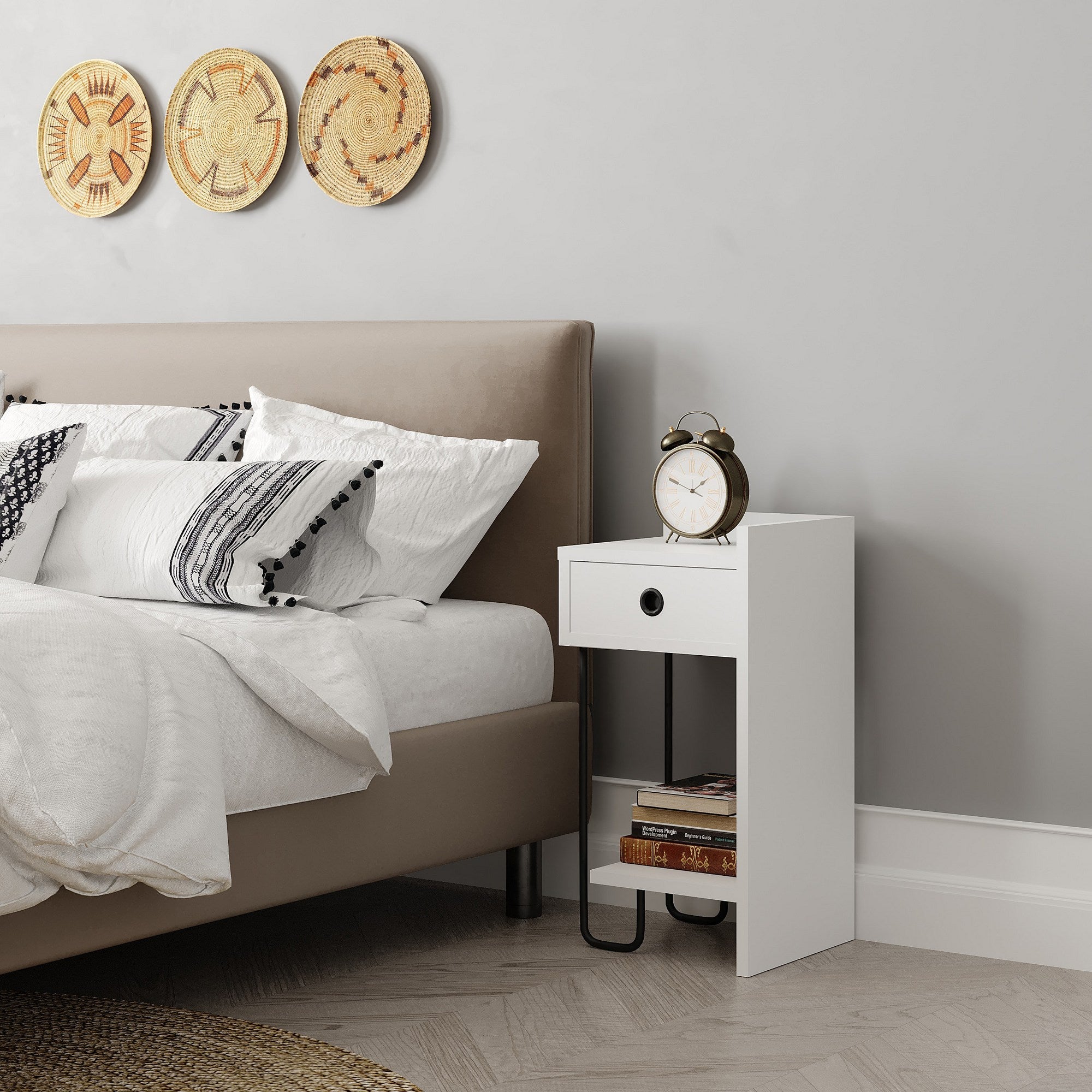 Mesa de cabeceira branca elegante, 32 x 61 x 30 cm | Painel de partículas 100% revestido em melamina, 18 mm de espessura | Perfeito para quartos e salas de estar modernos
