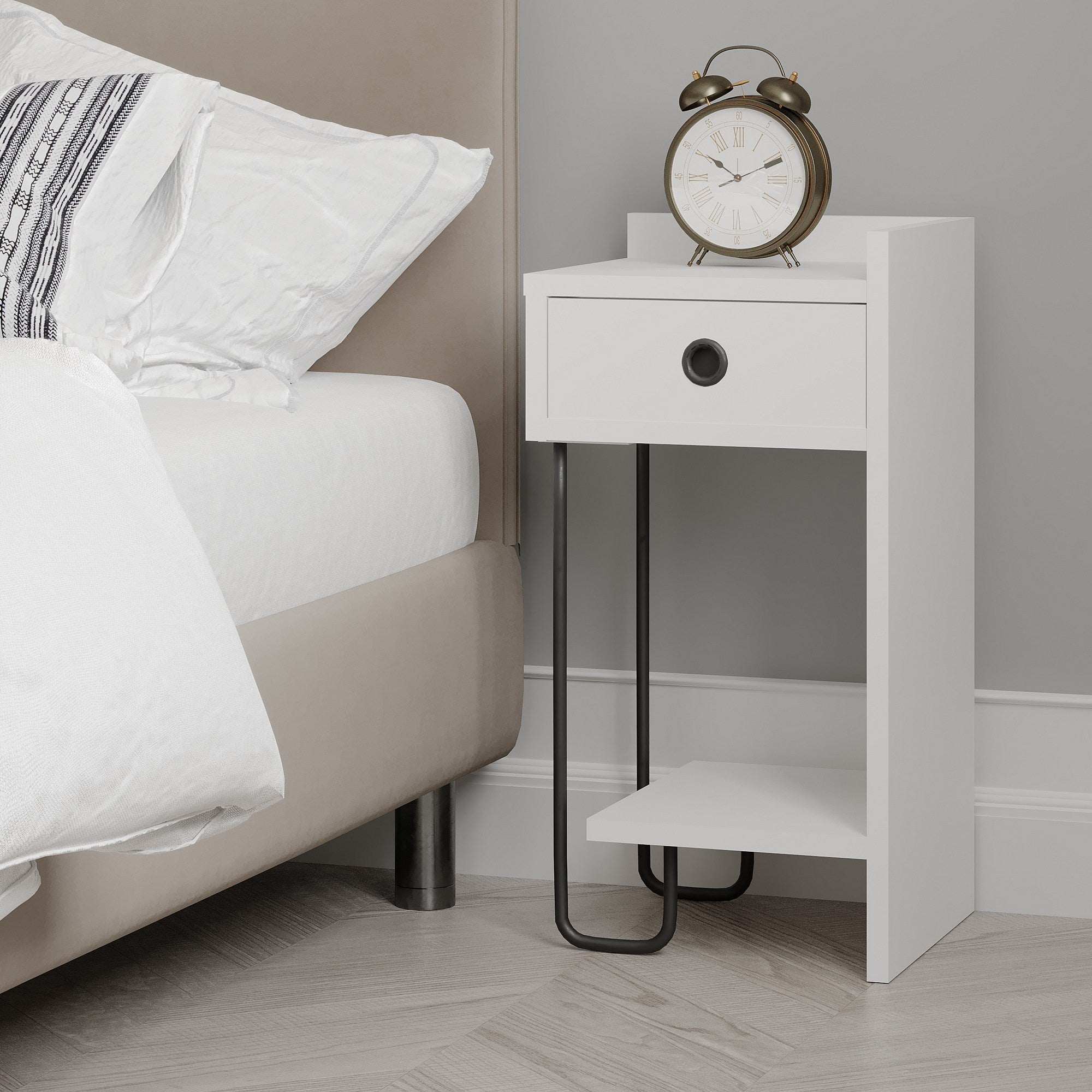 Mesa de cabeceira branca elegante, 32 x 61 x 30 cm | Painel de partículas 100% revestido em melamina, 18 mm de espessura | Perfeito para quartos e salas de estar modernos