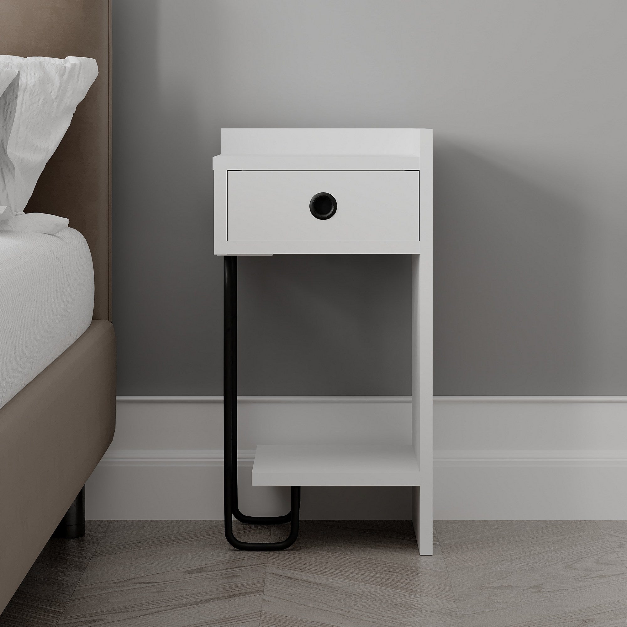Mesa de cabeceira branca elegante, 32 x 61 x 30 cm | Painel de partículas 100% revestido em melamina, 18 mm de espessura | Perfeito para quartos e salas de estar modernos