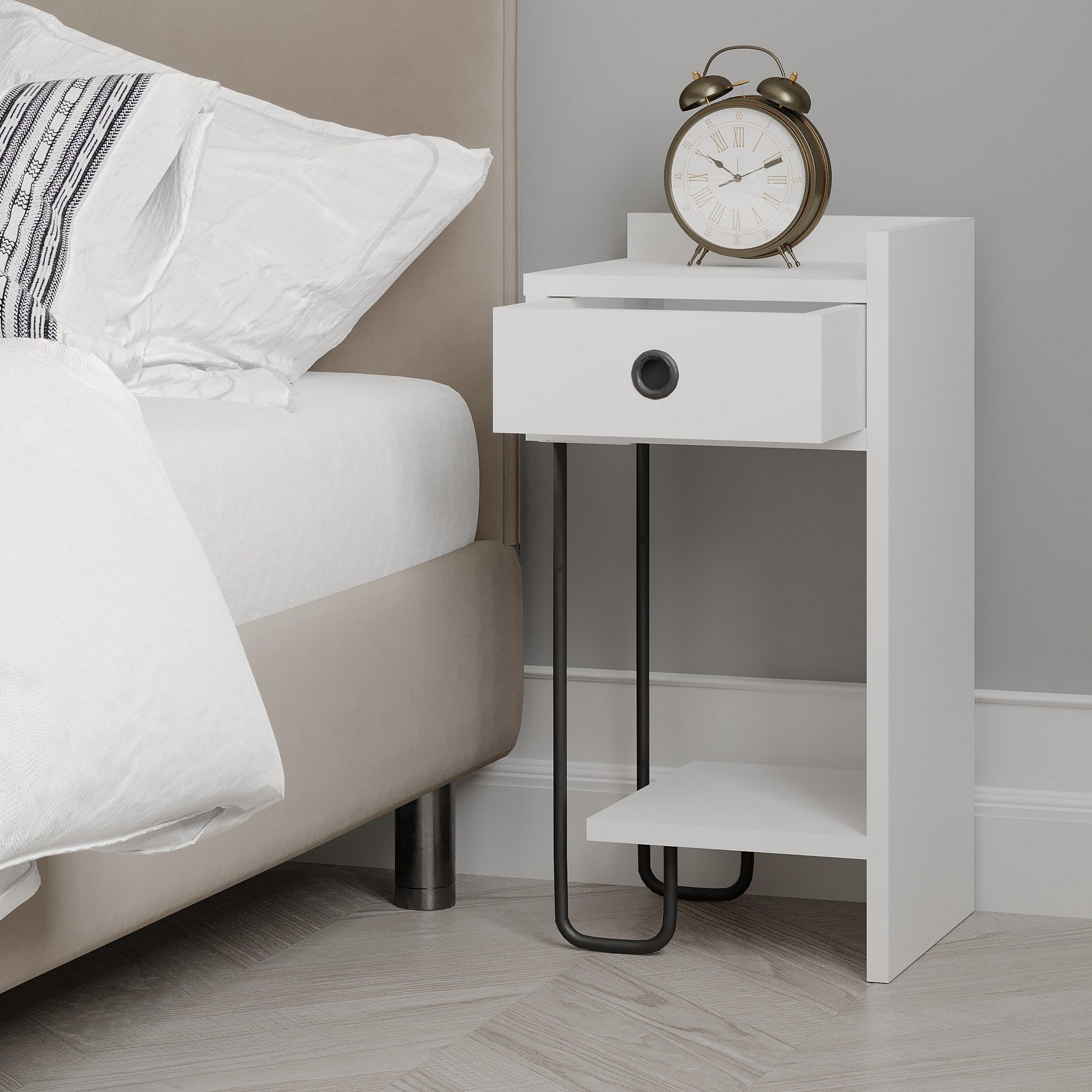 Mesa de cabeceira branca elegante, 32 x 61 x 30 cm | Painel de partículas 100% revestido em melamina, 18 mm de espessura | Perfeito para quartos e salas de estar modernos