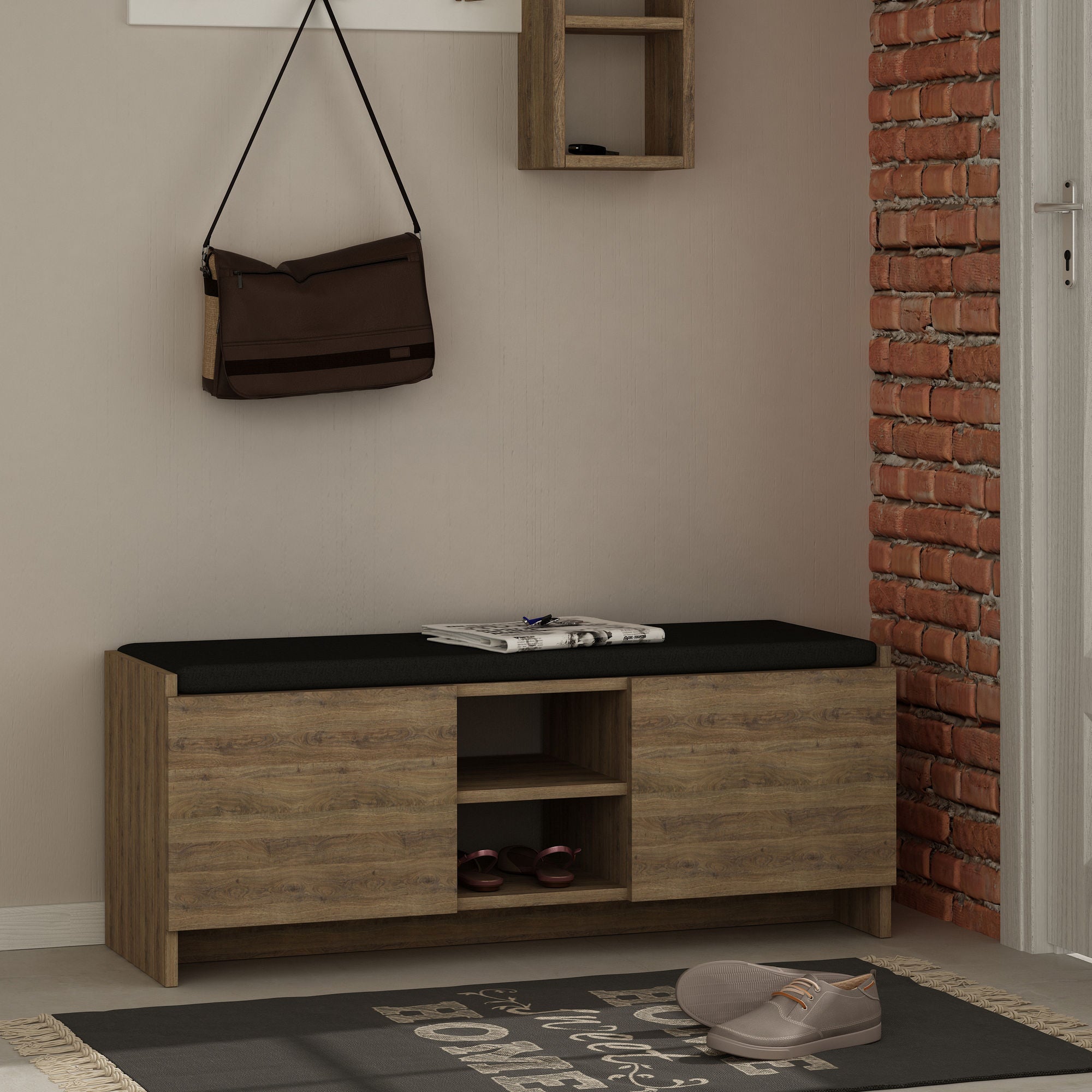 Sapateira moderna, carvalho escuro, 110 x 43 x 37 cm | Painel de partículas 100% revestido em melamina, 18 mm de espessura | Dobradiças com fechamento suave, montagem na parede, solução de armazenamento elegante