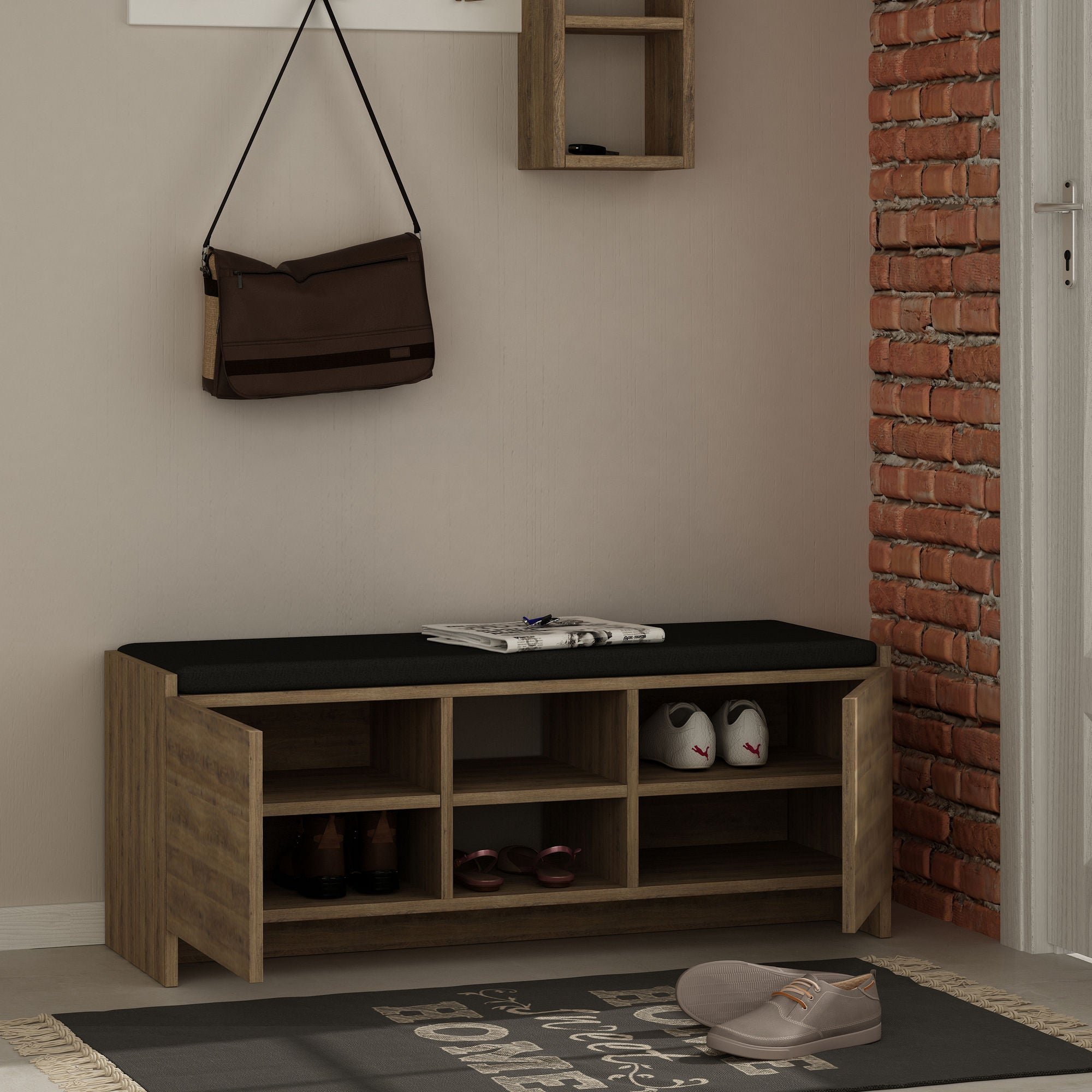 Sapateira moderna, carvalho escuro, 110 x 43 x 37 cm | Painel de partículas 100% revestido em melamina, 18 mm de espessura | Dobradiças com fechamento suave, montagem na parede, solução de armazenamento elegante