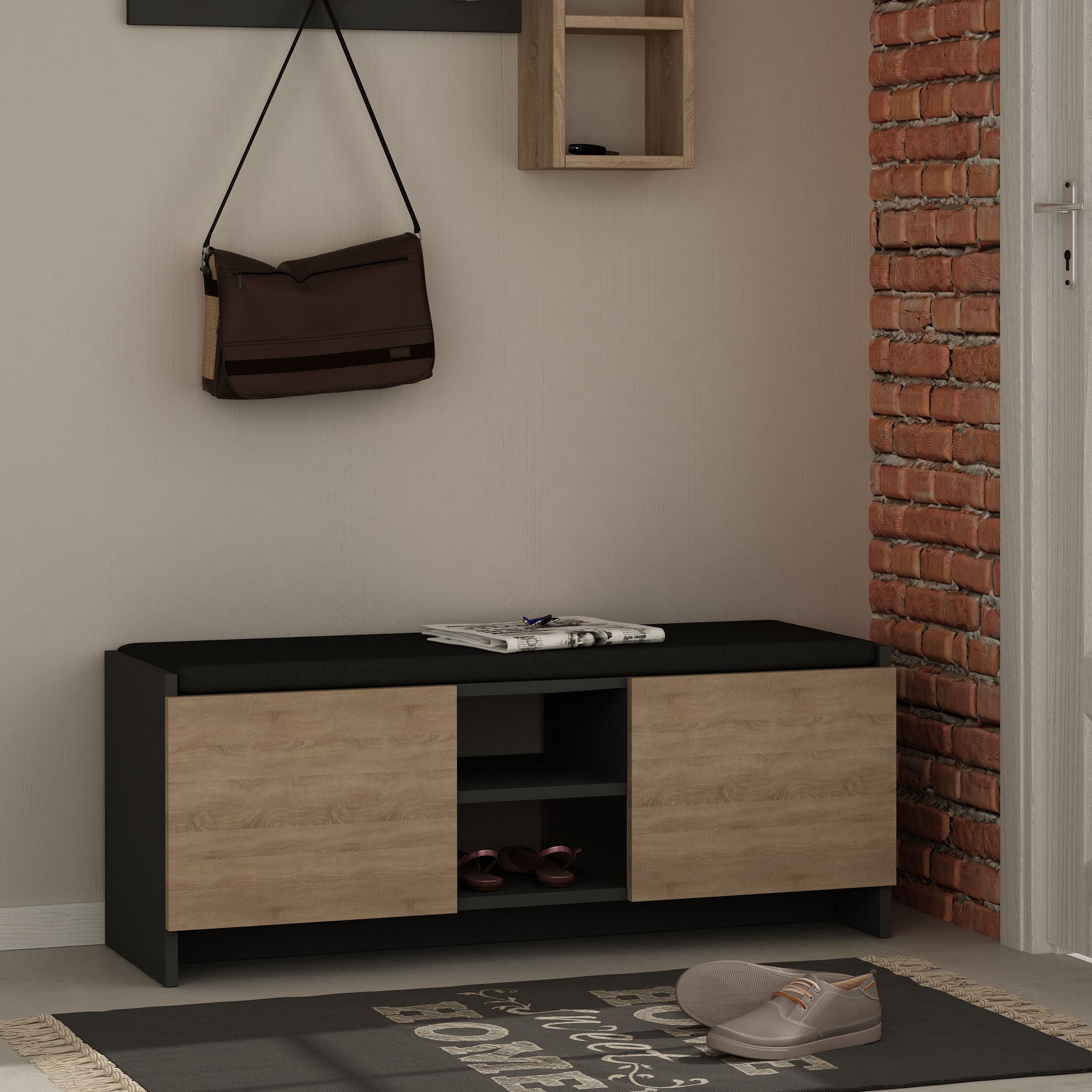 Sapateira moderna, antracite e carvalho, 110 x 43 x 37 cm | 100% revestida em melamina, 18 mm de espessura, dobradiças de fechamento suave, montável na parede, solução de armazenamento elegante