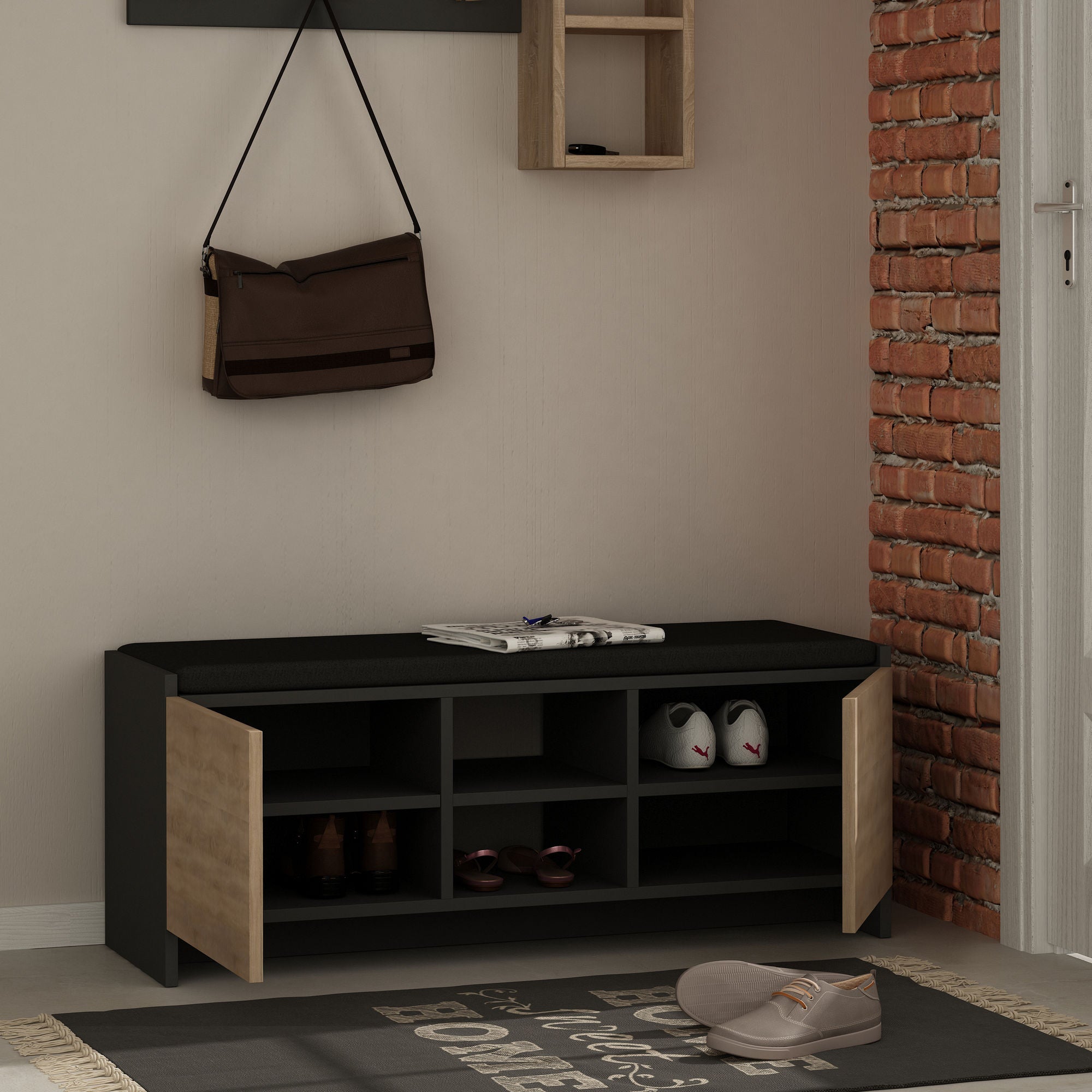 Sapateira moderna, antracite e carvalho, 110 x 43 x 37 cm | 100% revestida em melamina, 18 mm de espessura, dobradiças de fechamento suave, montável na parede, solução de armazenamento elegante