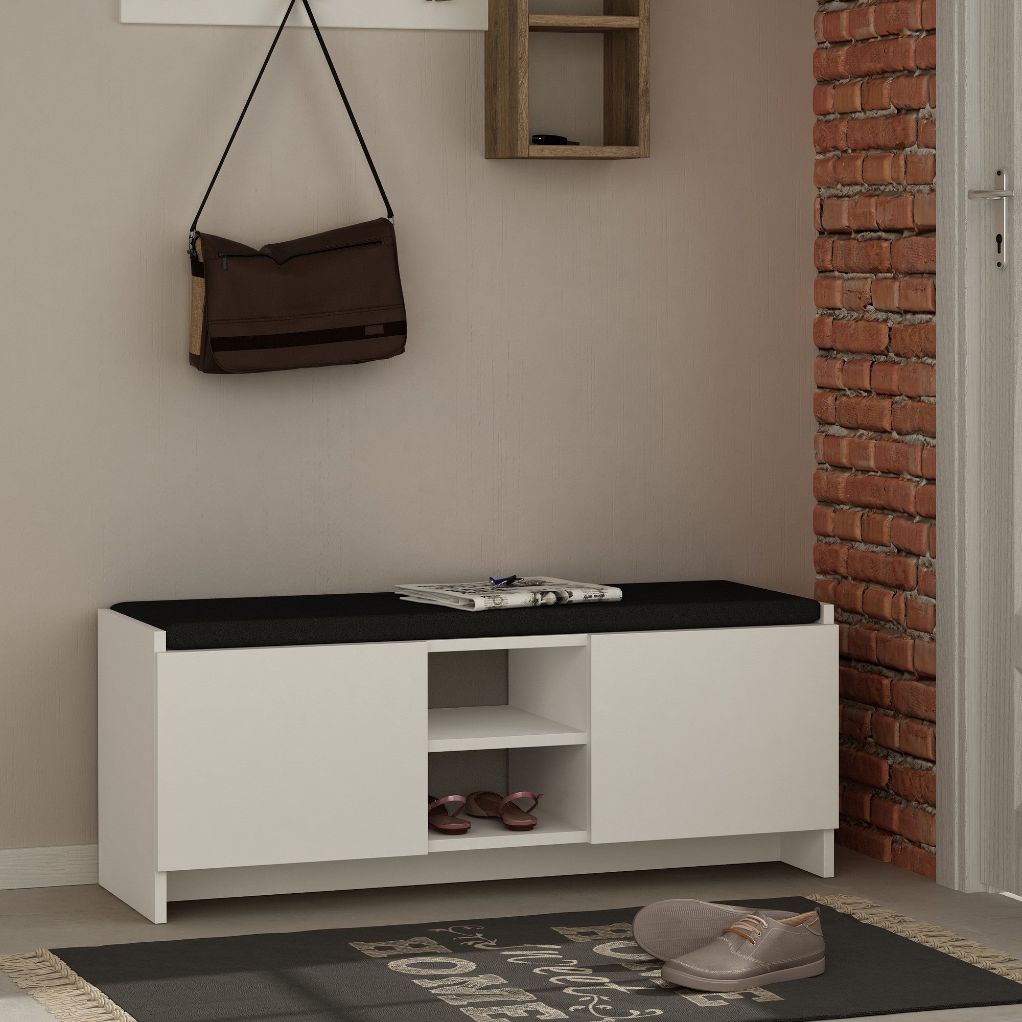 Sapateira moderna branca, 110 cm | Painel de partículas 100% revestido em melamina, 18 mm de espessura | Dobradiças de fechamento suave, montagem na parede, design elegante e funcional