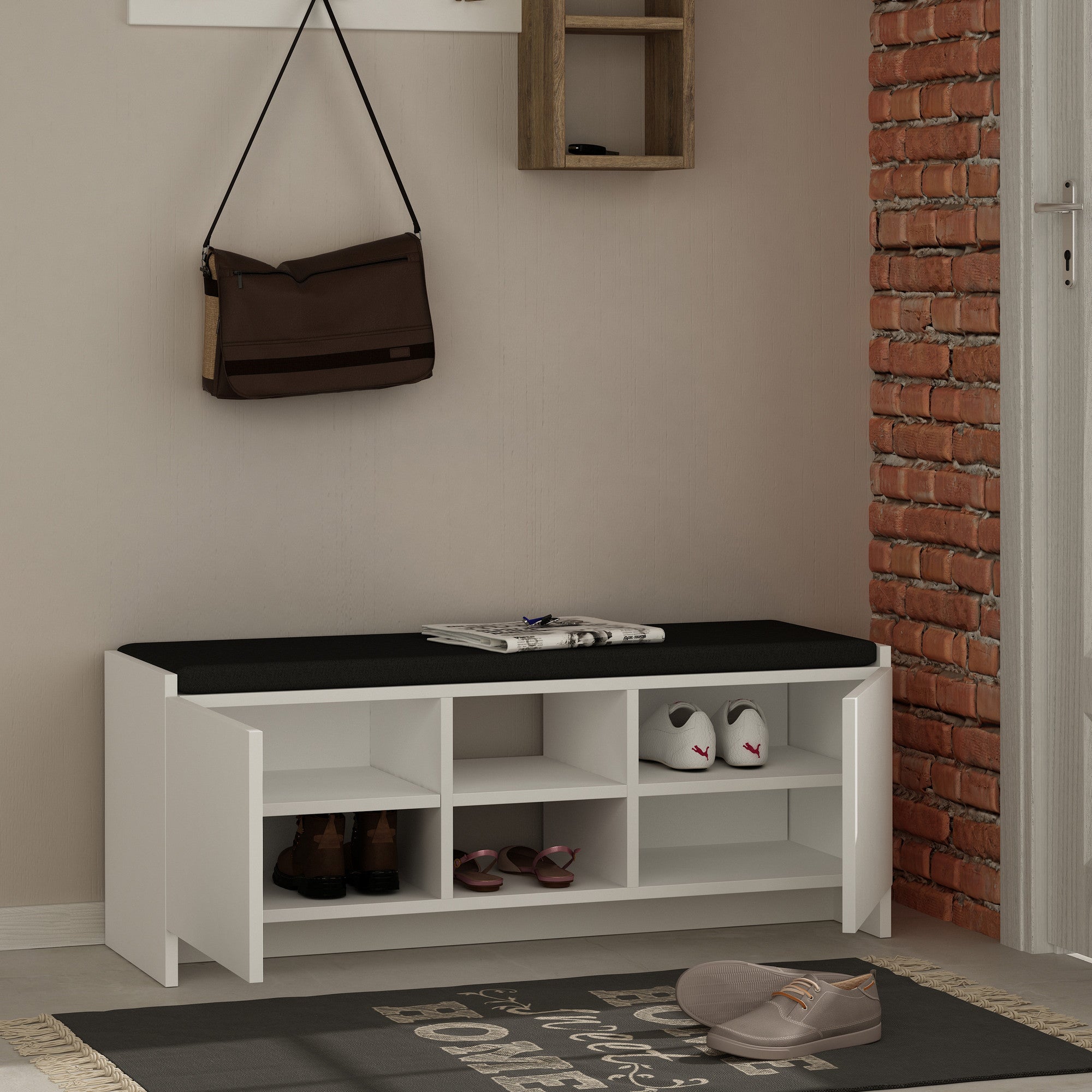 Sapateira moderna branca, 110 cm | Painel de partículas 100% revestido em melamina, 18 mm de espessura | Dobradiças de fechamento suave, montagem na parede, design elegante e funcional