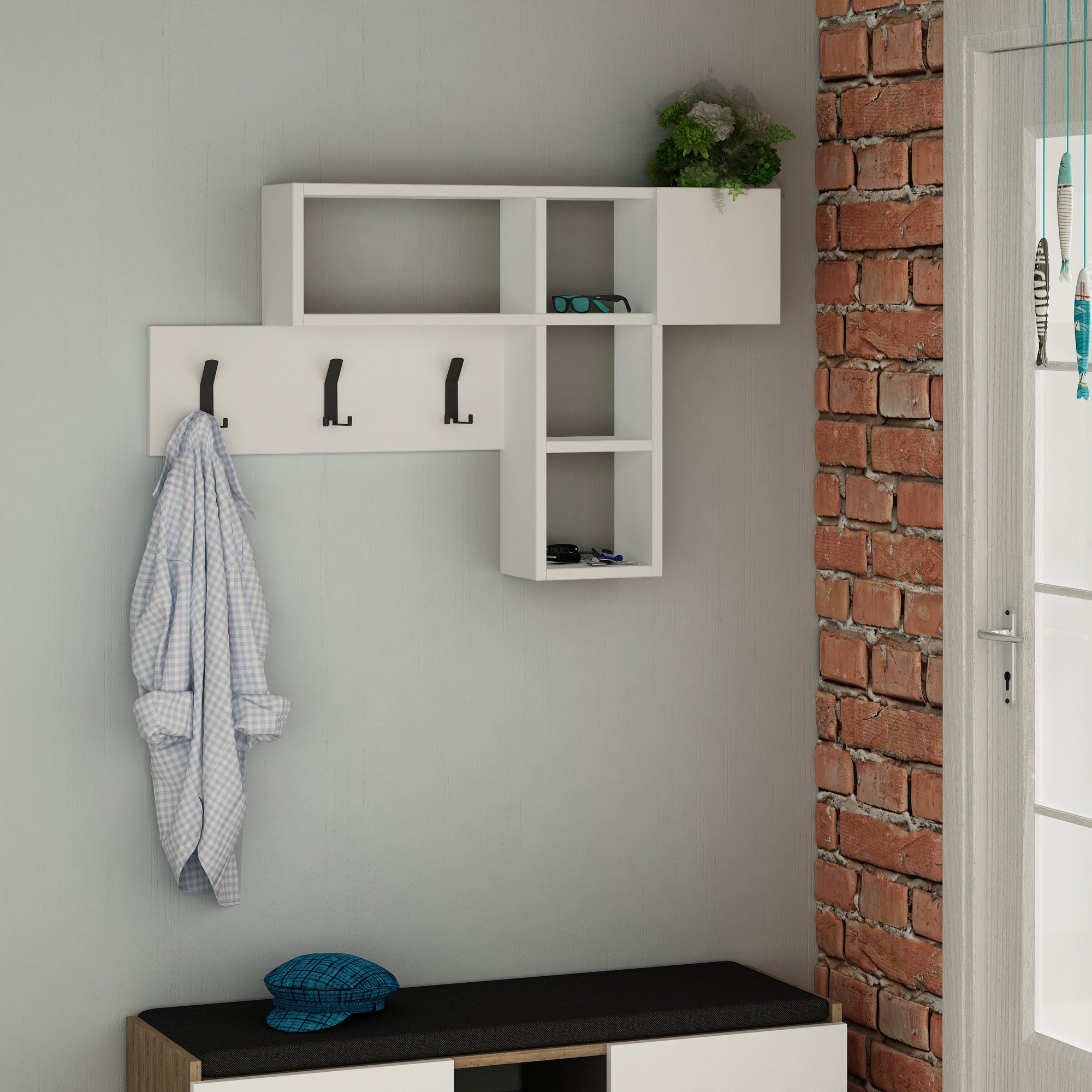 Suporte de hall moderno com cabideiro suspenso, branco, 99,5 x 61 x 15 cm | Painel de partículas 100% revestido de melamina, 18 mm de espessura | Solução de armazenamento elegante e funcional