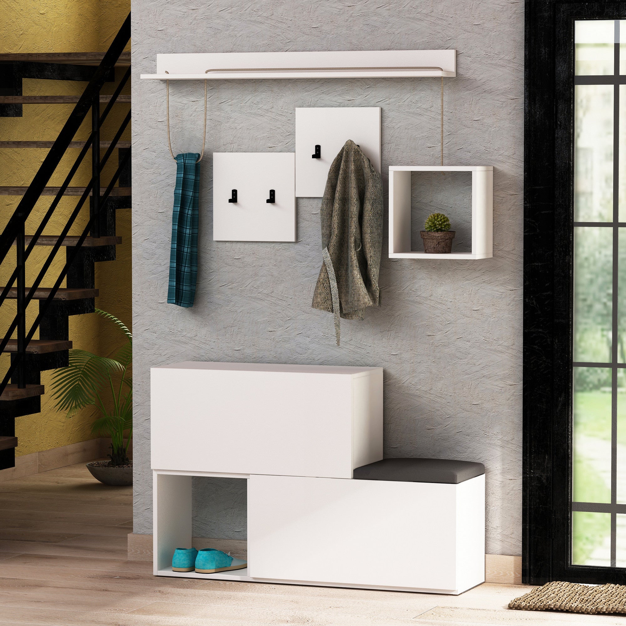 Suporte de hall moderno com sapateira e prateleira de parede, branco, 120 cm | 100% revestido em melamina, dobradiças de fechamento suave, design elegante e funcional para entrada