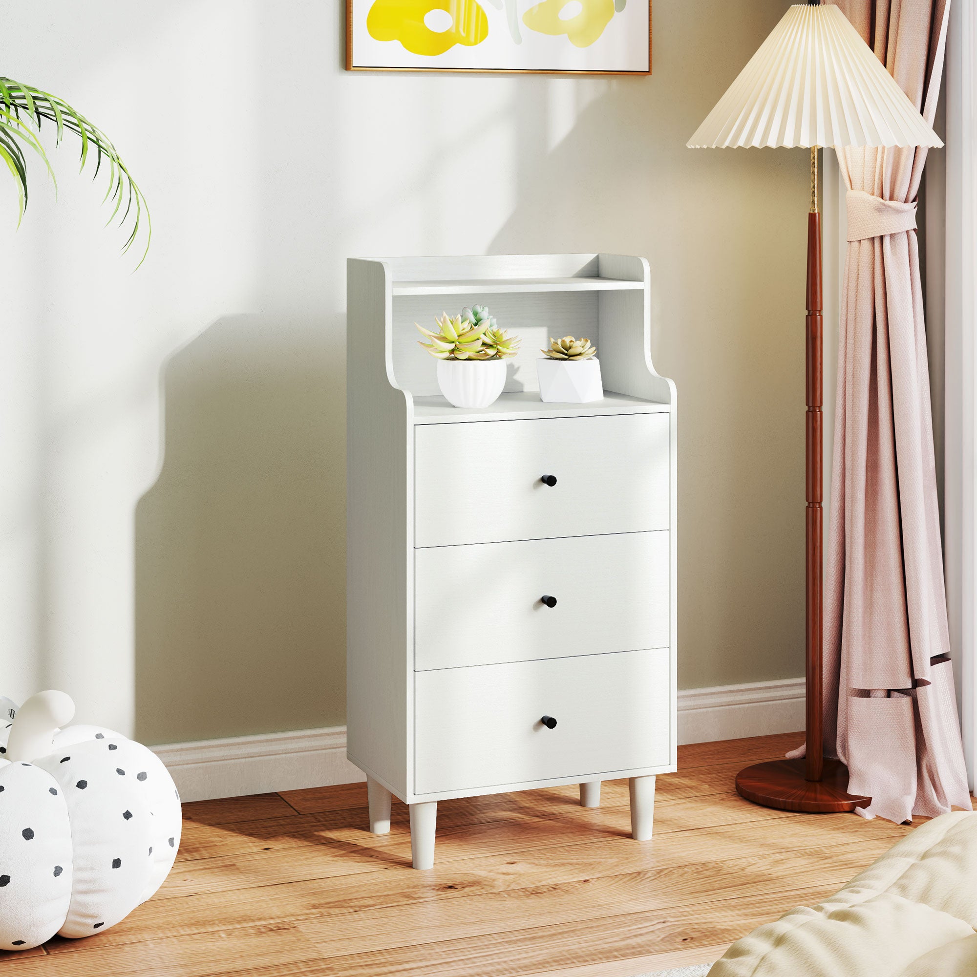 Cómoda Branco Acinzentado 47x29x95 cm - Móvel de Quarto com 3 Gavetas e Prateleiras Abertas