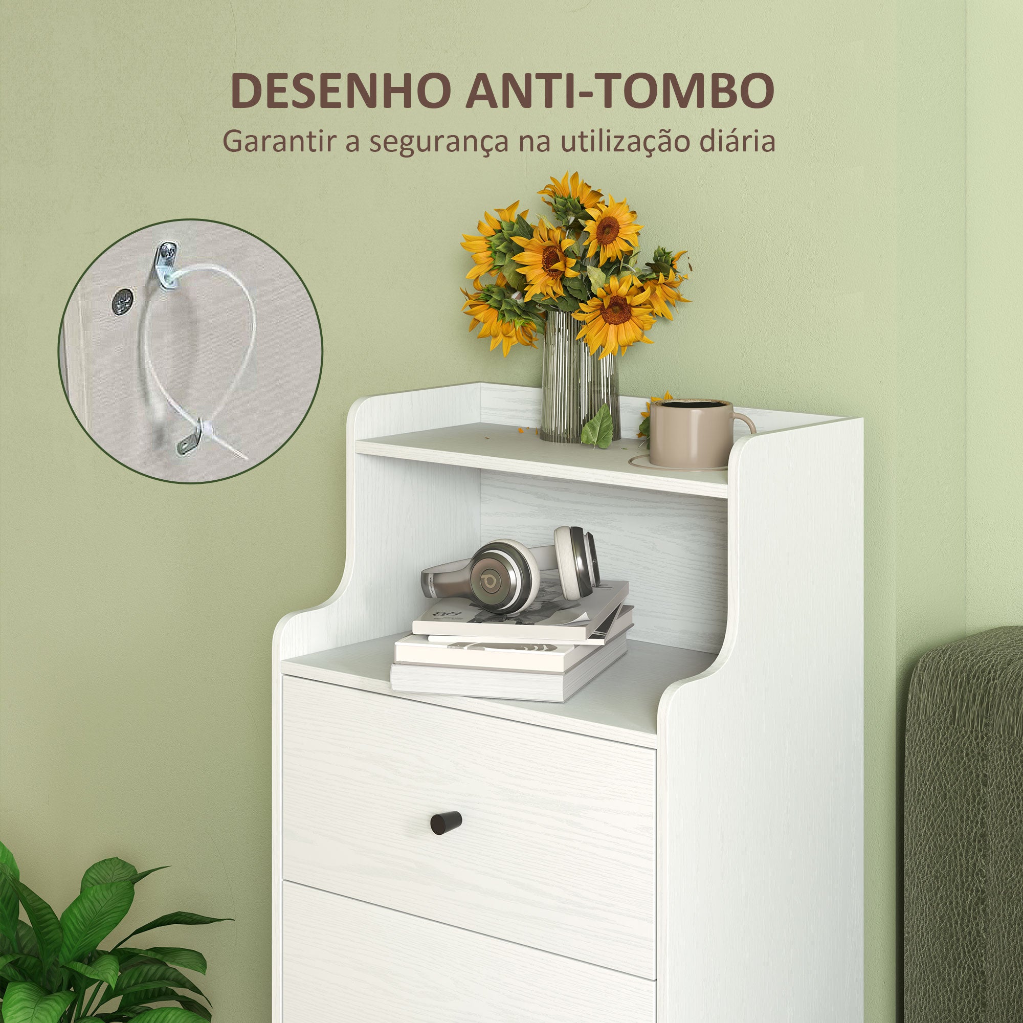 Cómoda Branco Acinzentado 47x29x95 cm - Móvel de Quarto com 3 Gavetas e Prateleiras Abertas