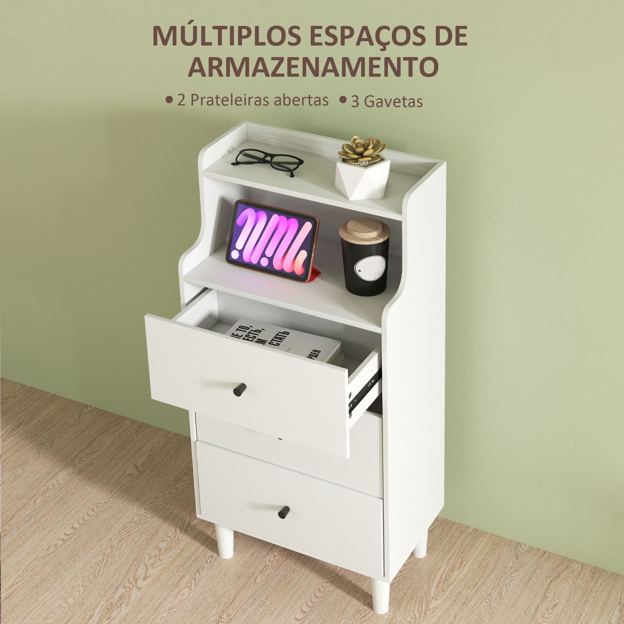 Cómoda Branco Acinzentado 47x29x95 cm - Móvel de Quarto com 3 Gavetas e Prateleiras Abertas