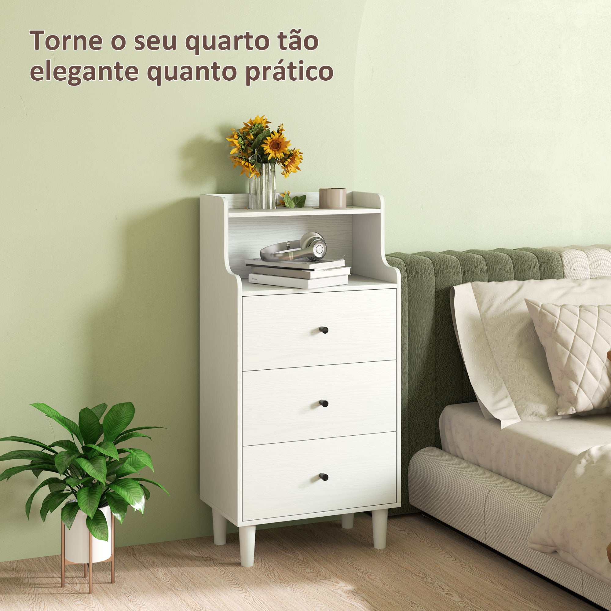 Cómoda Branco Acinzentado 47x29x95 cm - Móvel de Quarto com 3 Gavetas e Prateleiras Abertas