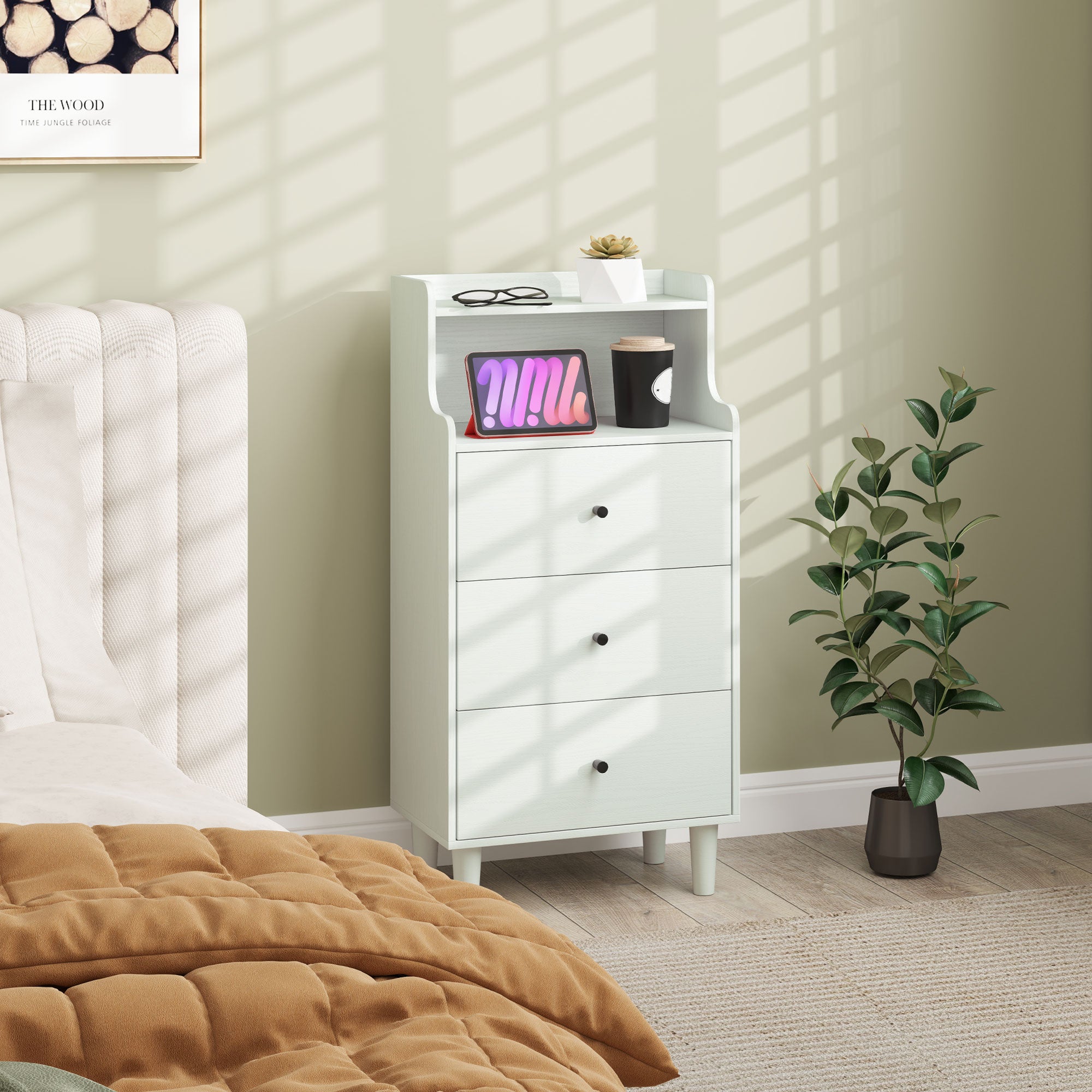 Cómoda Branco Acinzentado 47x29x95 cm - Móvel de Quarto com 3 Gavetas e Prateleiras Abertas