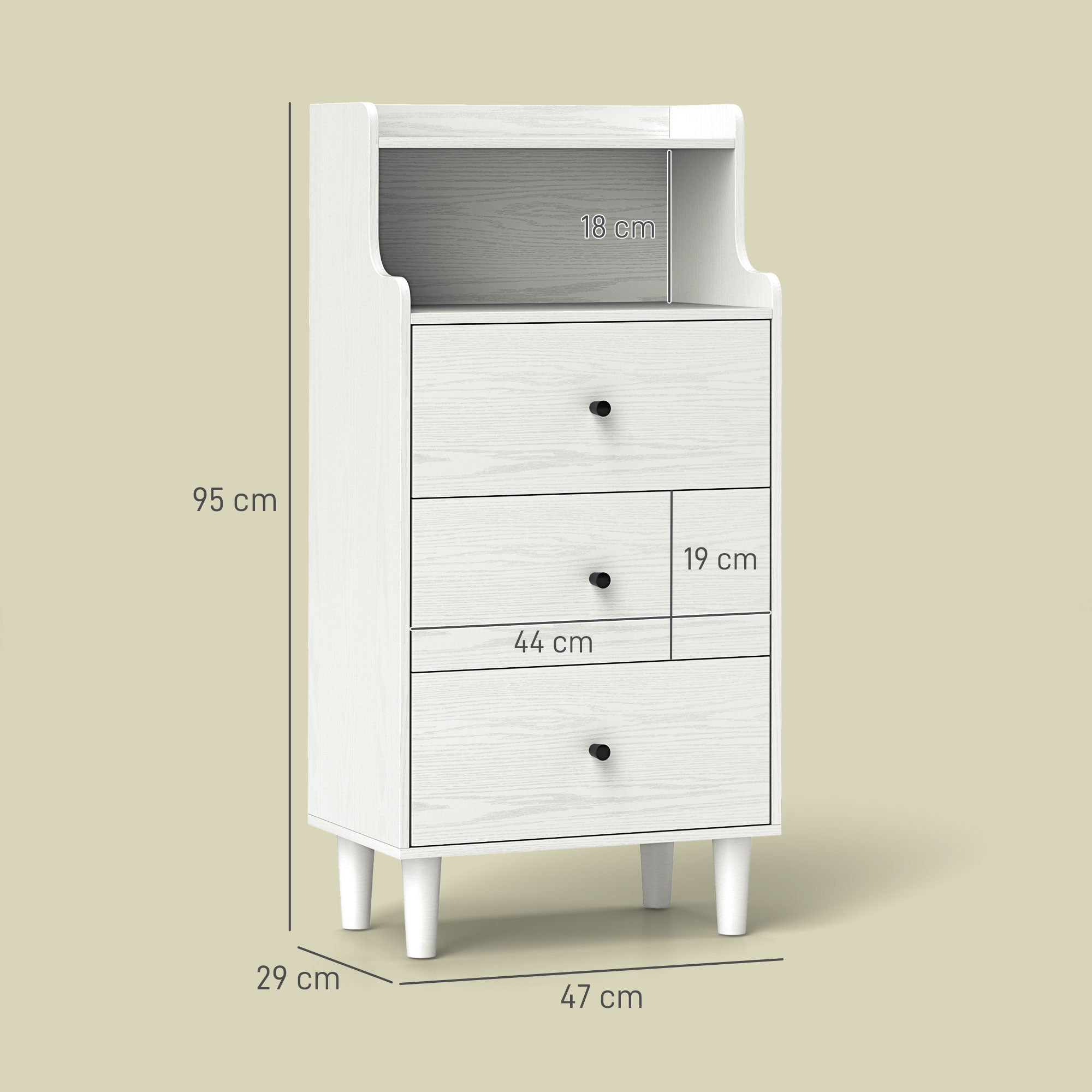 Cómoda Branco Acinzentado 47x29x95 cm - Móvel de Quarto com 3 Gavetas e Prateleiras Abertas