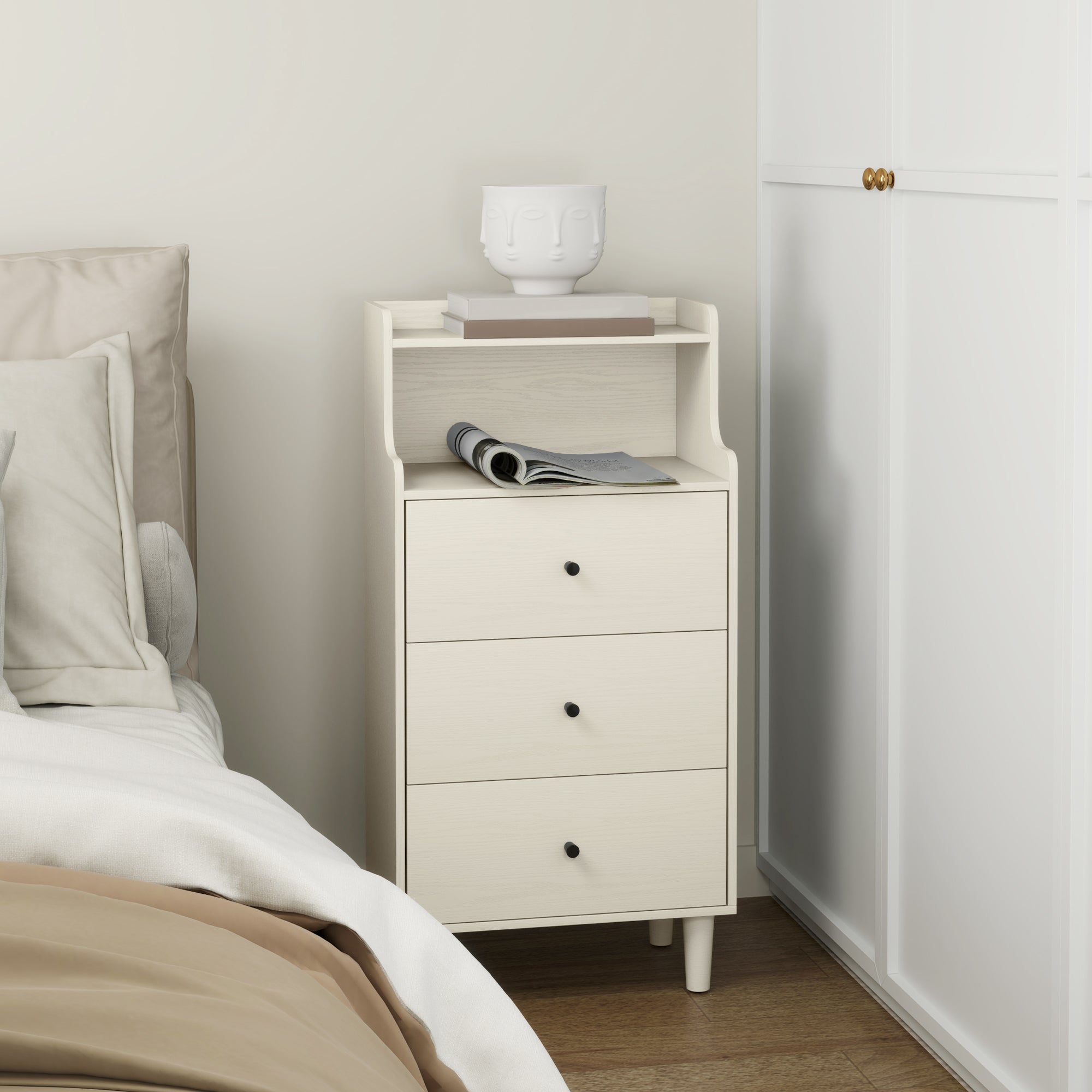Cómoda Branco Acinzentado 47x29x95 cm - Móvel de Quarto com 3 Gavetas e Prateleiras Abertas