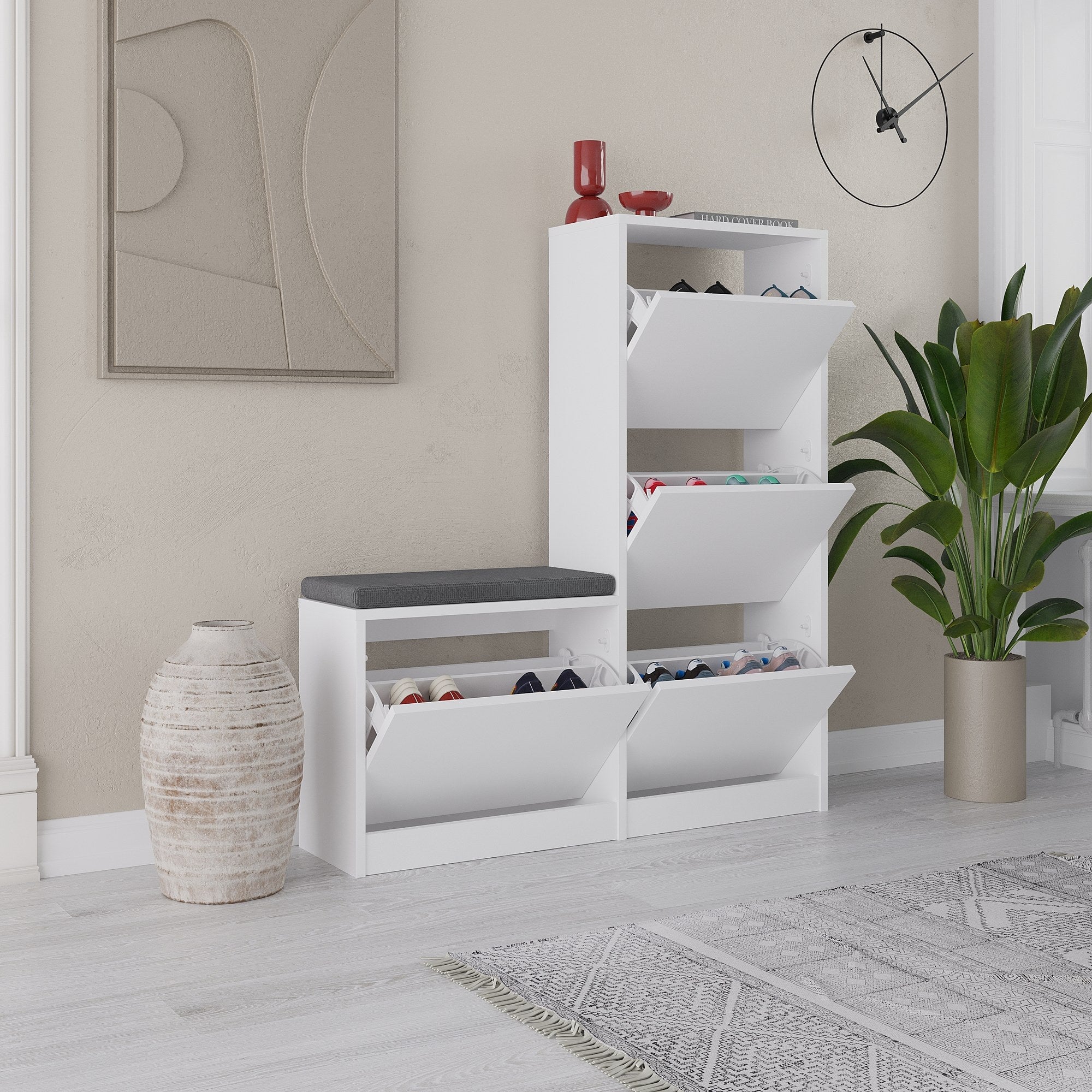 Elegante sapateira branca, 105 cm x 118,5 cm x 26 cm | Painel de partículas 100% revestido de melamina, 18 mm de espessura | Perfeito para entradas modernas e soluções de armazenamento