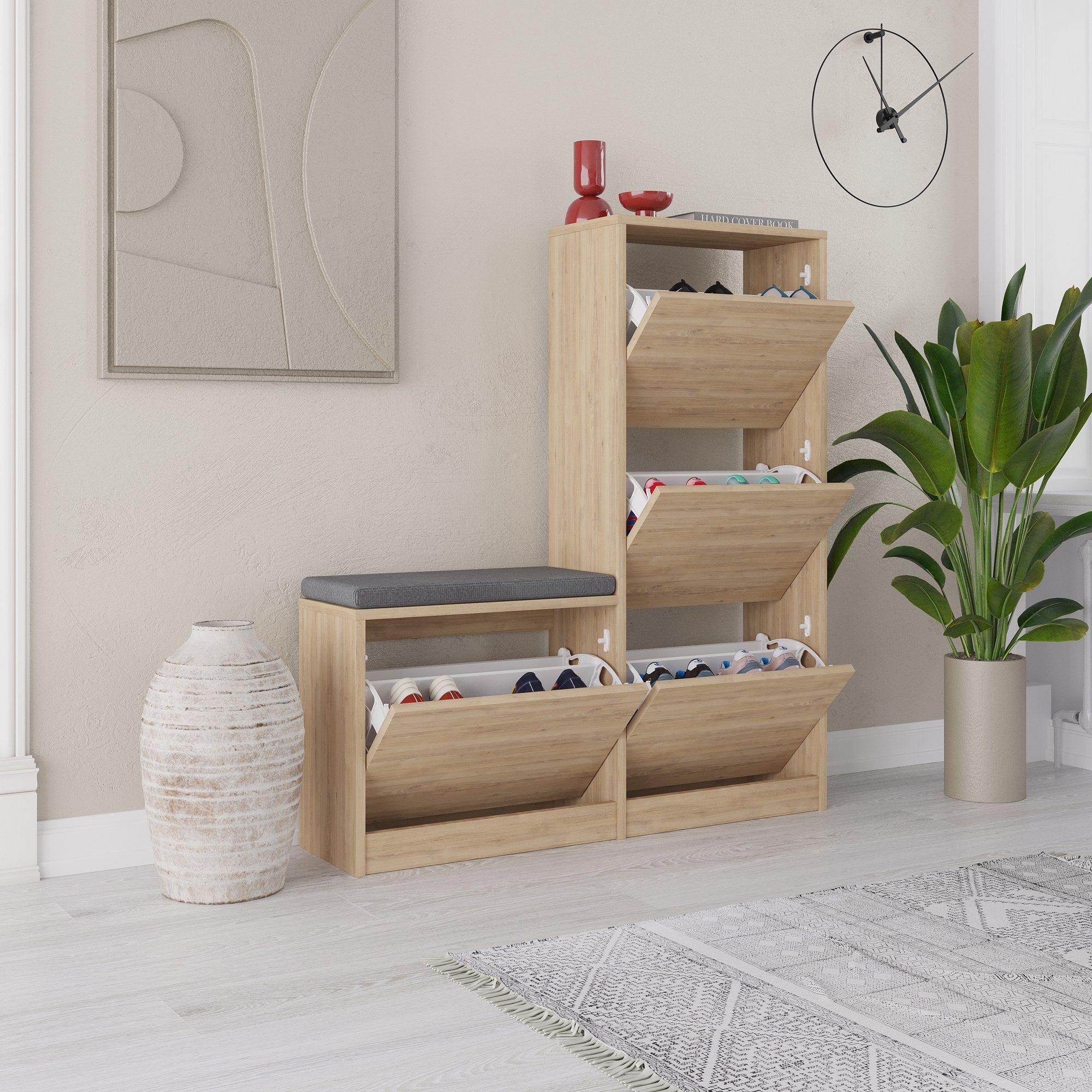 Elegante sapateira de carvalho, 105 cm x 118,5 cm x 26 cm | Painel de partículas 100% revestido de melamina, 18 mm de espessura | Perfeito para organizar calçados em espaços modernos