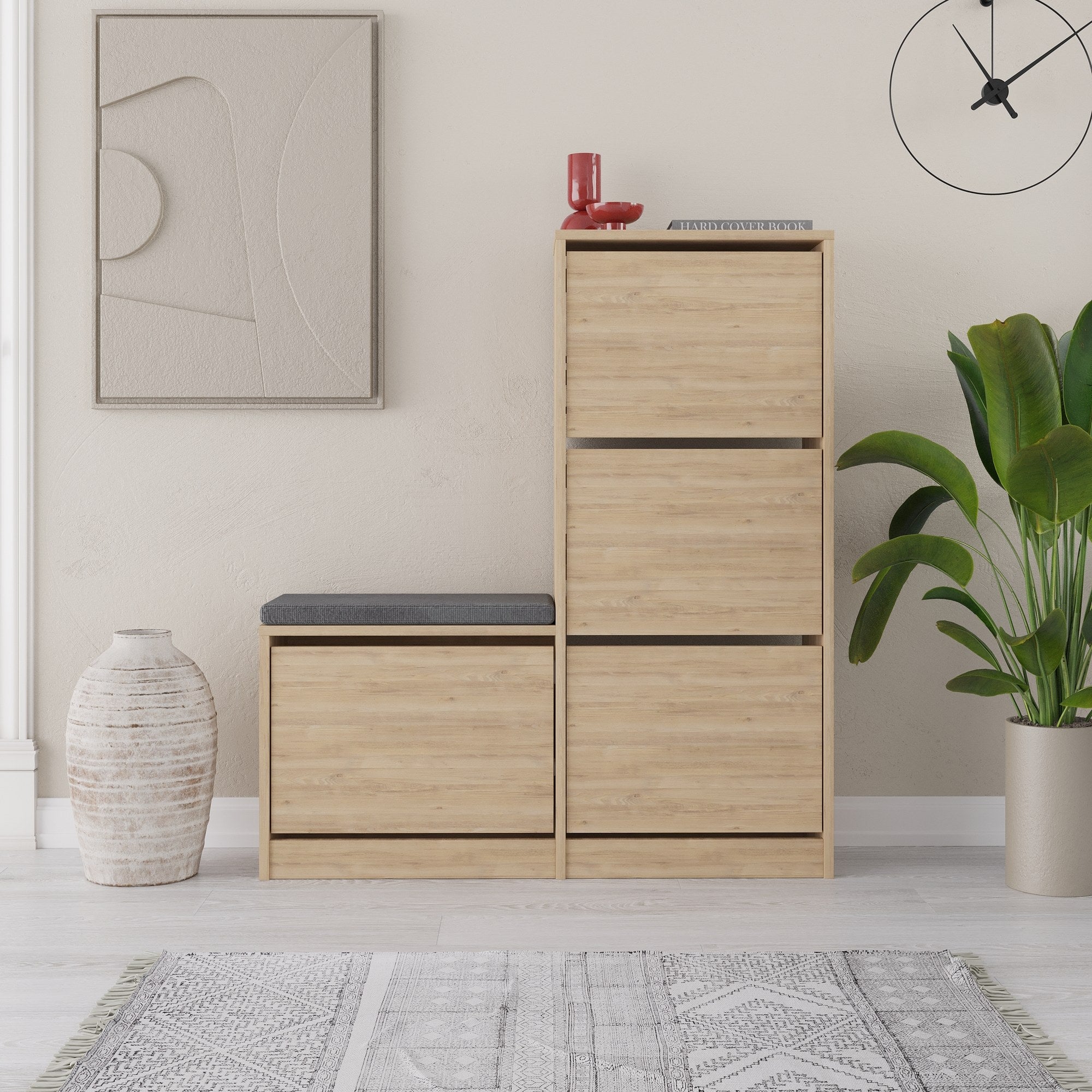 Elegante sapateira de carvalho, 105 cm x 118,5 cm x 26 cm | Painel de partículas 100% revestido de melamina, 18 mm de espessura | Perfeito para organizar calçados em espaços modernos
