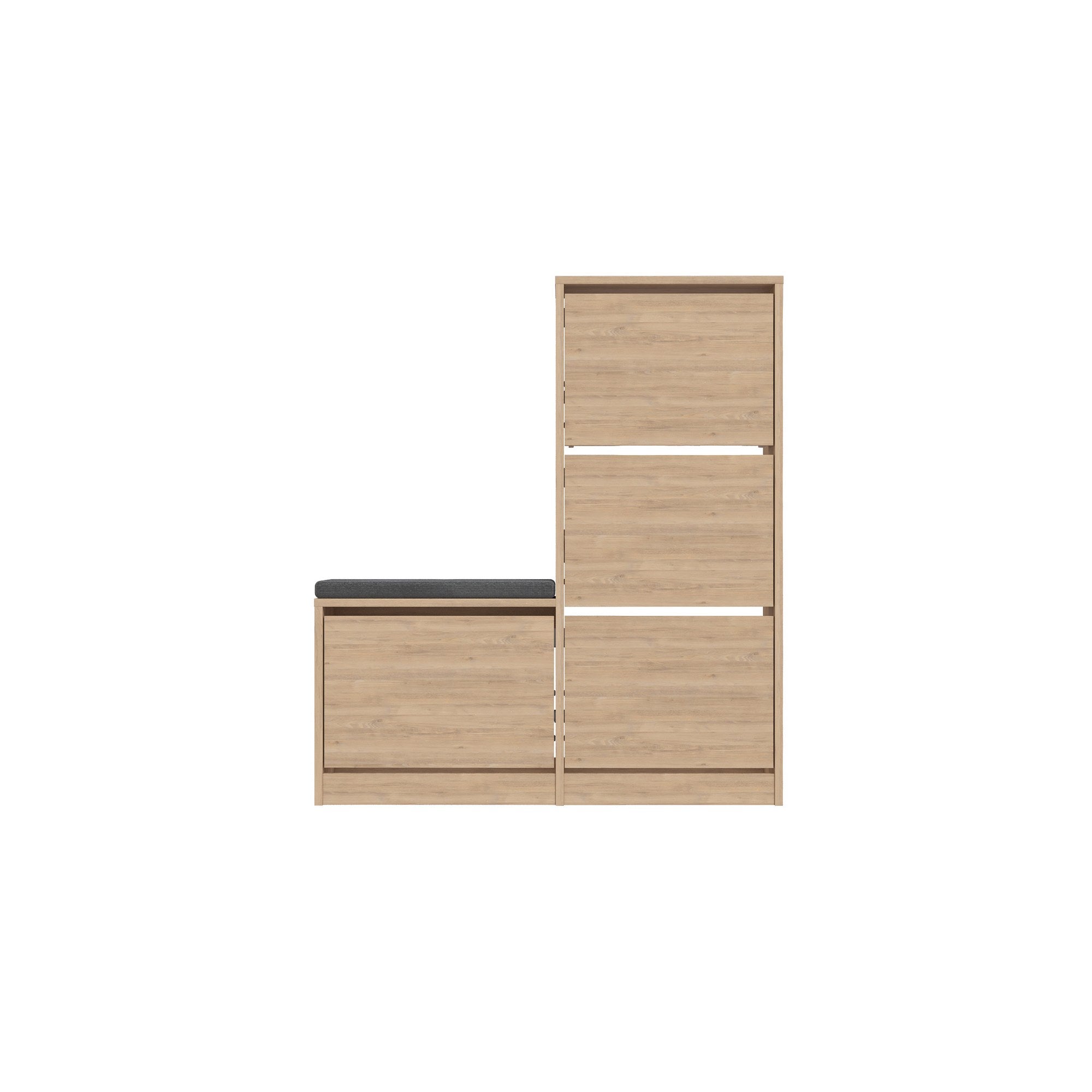 Elegante sapateira de carvalho, 105 cm x 118,5 cm x 26 cm | Painel de partículas 100% revestido de melamina, 18 mm de espessura | Perfeito para organizar calçados em espaços modernos