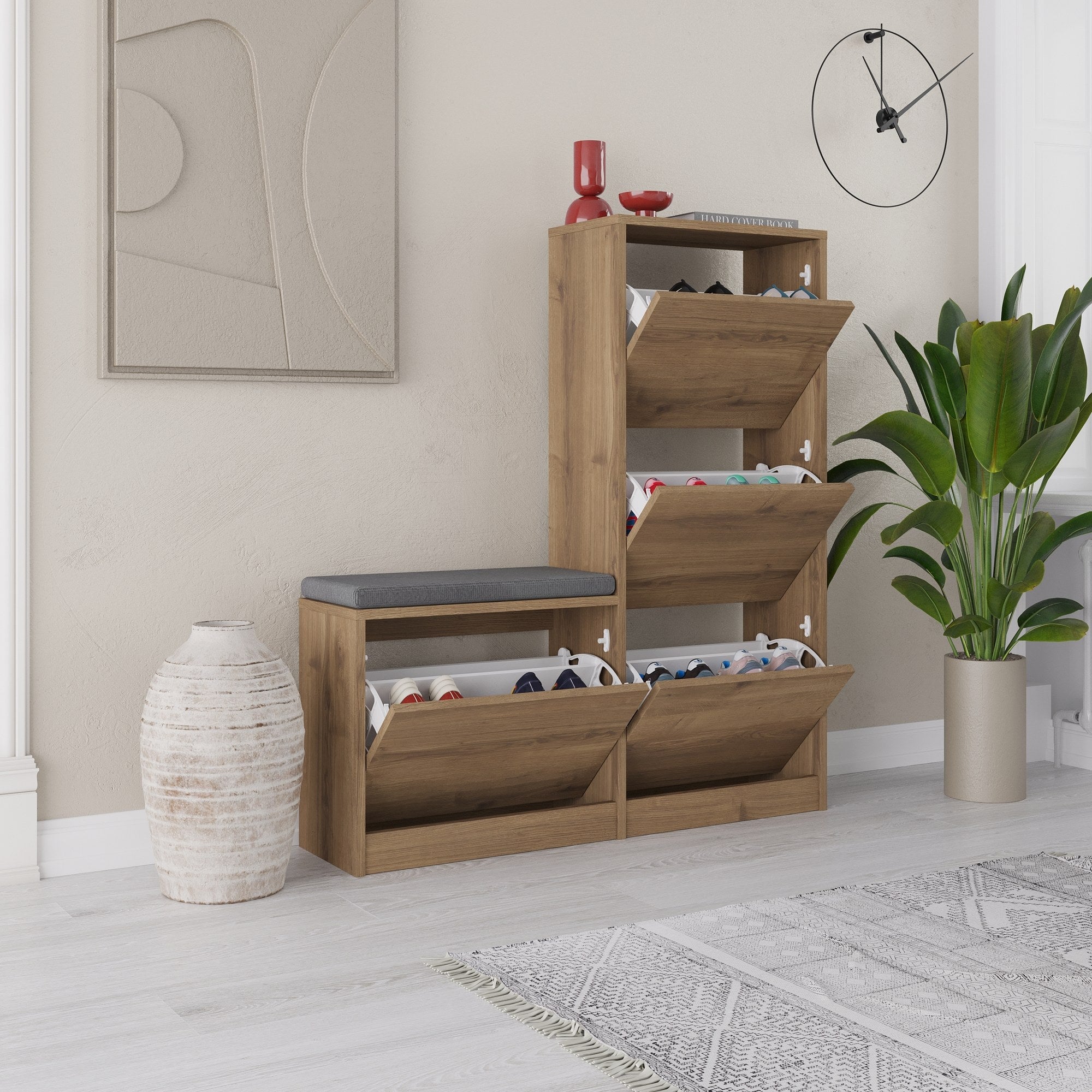 Sapateira estilosa, cor Hitit, 105 x 118,5 x 26 cm | Painel de partículas 100% revestido em melamina, 18 mm de espessura | Perfeito para entradas modernas e soluções de armazenamento