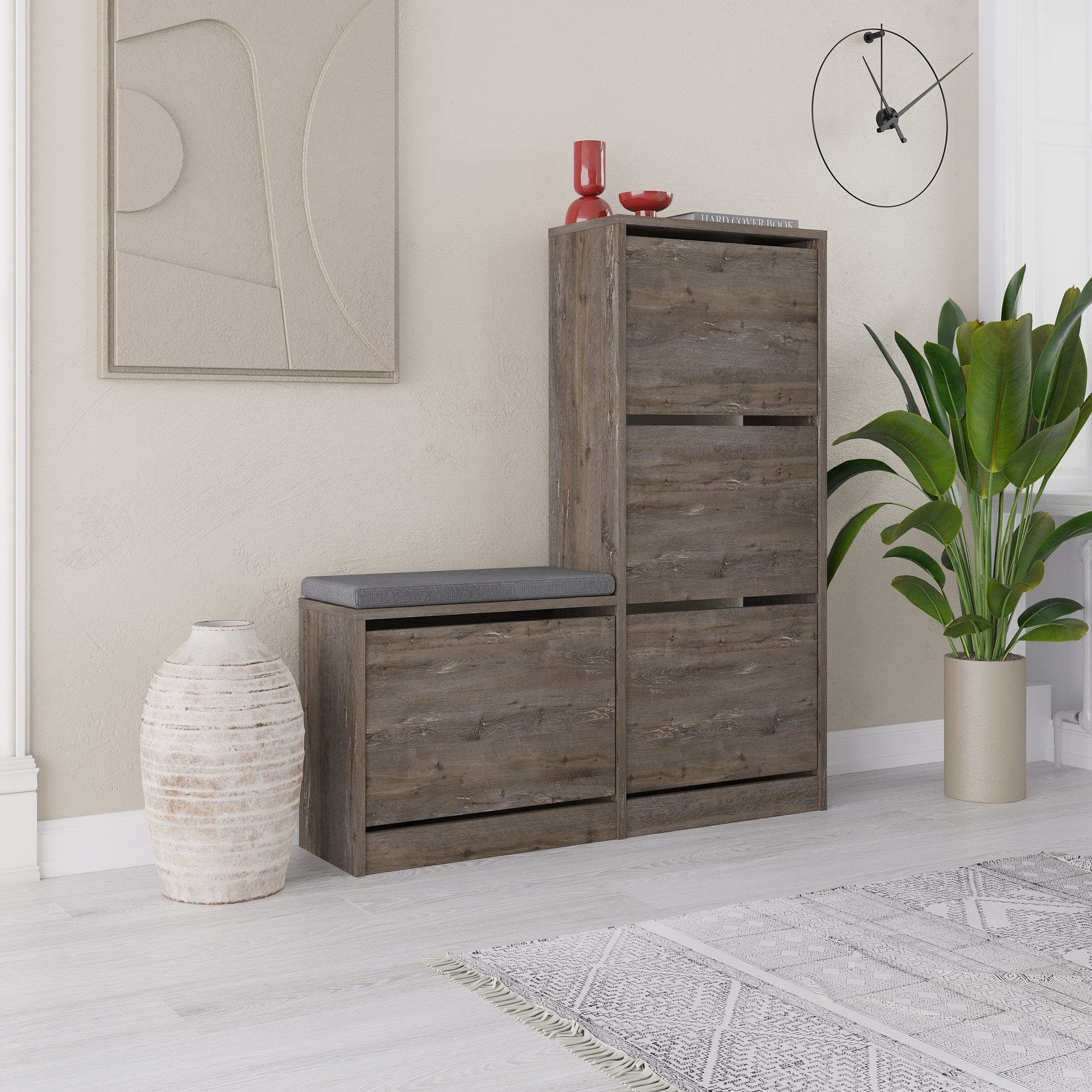 Sapateira estilosa, marrom escuro, 105 x 118,5 x 26 cm | Painel de partículas 100% revestido em melamina, 18 mm de espessura | Perfeito para organizar calçados em espaços modernos
