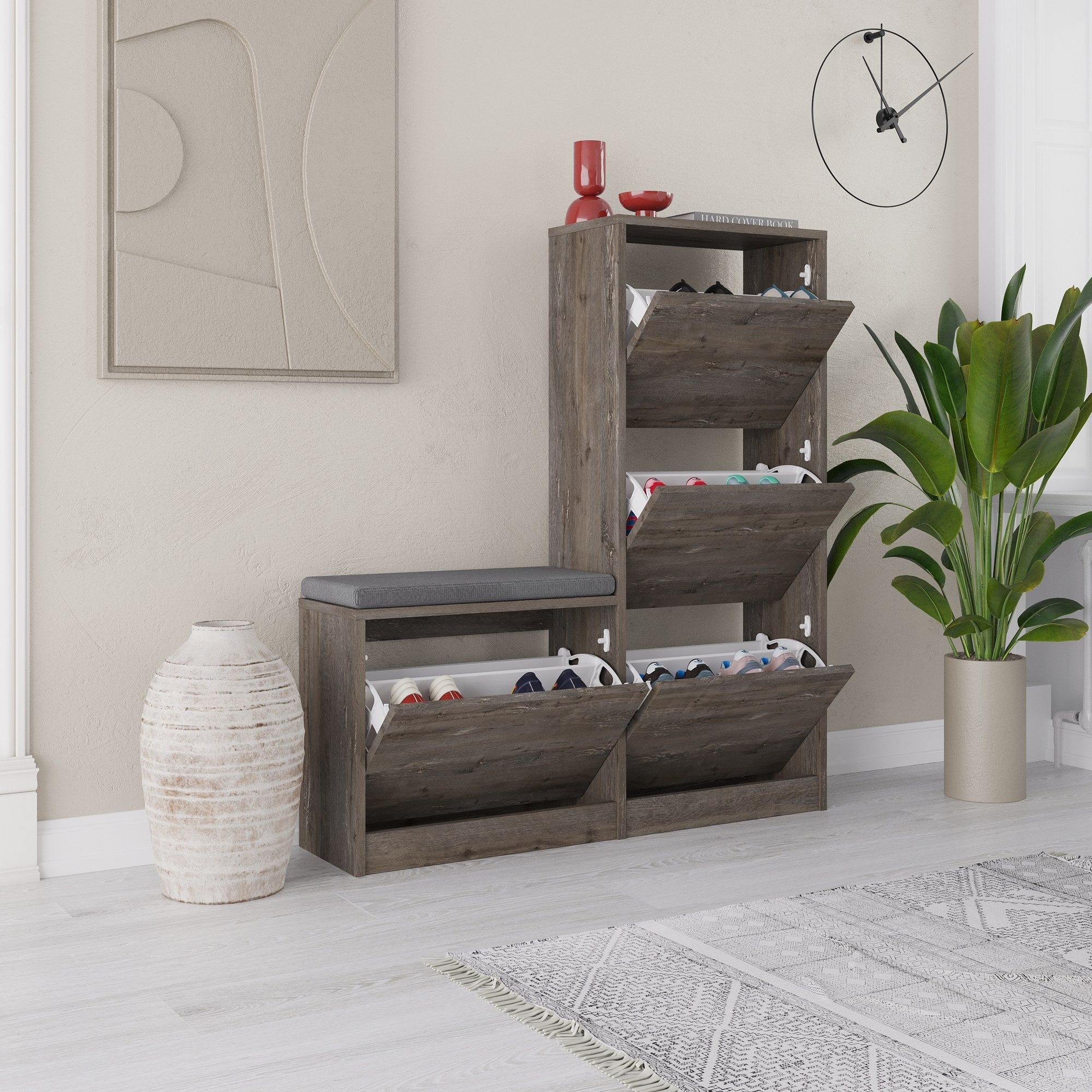 Sapateira estilosa, marrom escuro, 105 x 118,5 x 26 cm | Painel de partículas 100% revestido em melamina, 18 mm de espessura | Perfeito para organizar calçados em espaços modernos