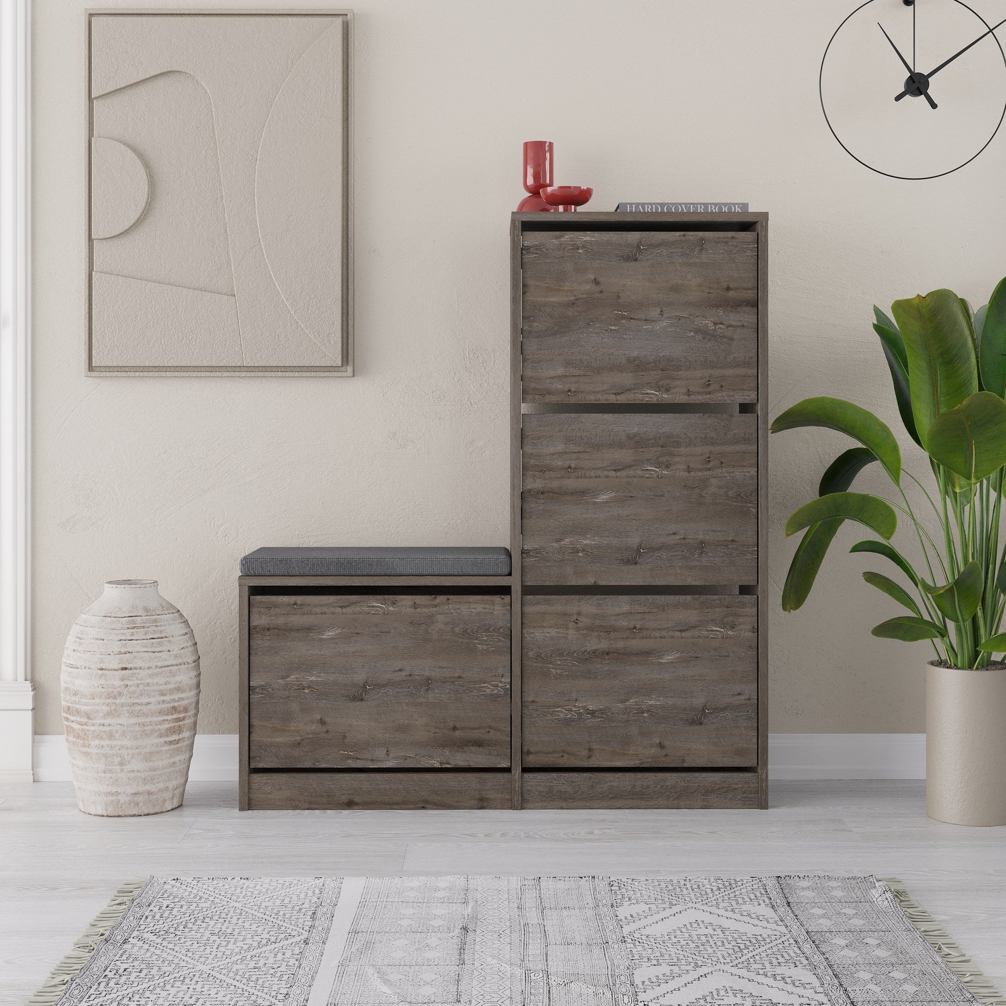 Sapateira estilosa, marrom escuro, 105 x 118,5 x 26 cm | Painel de partículas 100% revestido em melamina, 18 mm de espessura | Perfeito para organizar calçados em espaços modernos