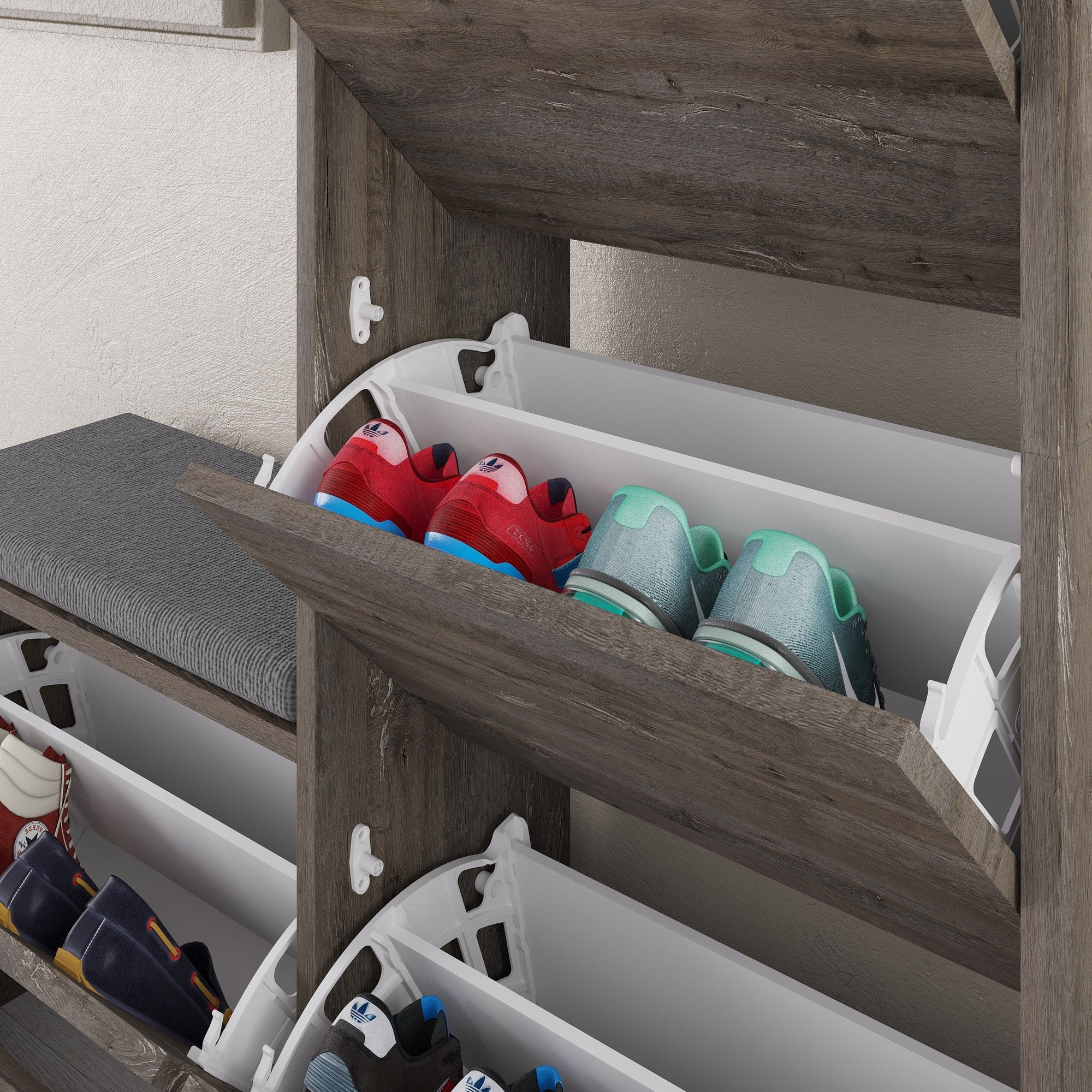 Sapateira estilosa, marrom escuro, 105 x 118,5 x 26 cm | Painel de partículas 100% revestido em melamina, 18 mm de espessura | Perfeito para organizar calçados em espaços modernos