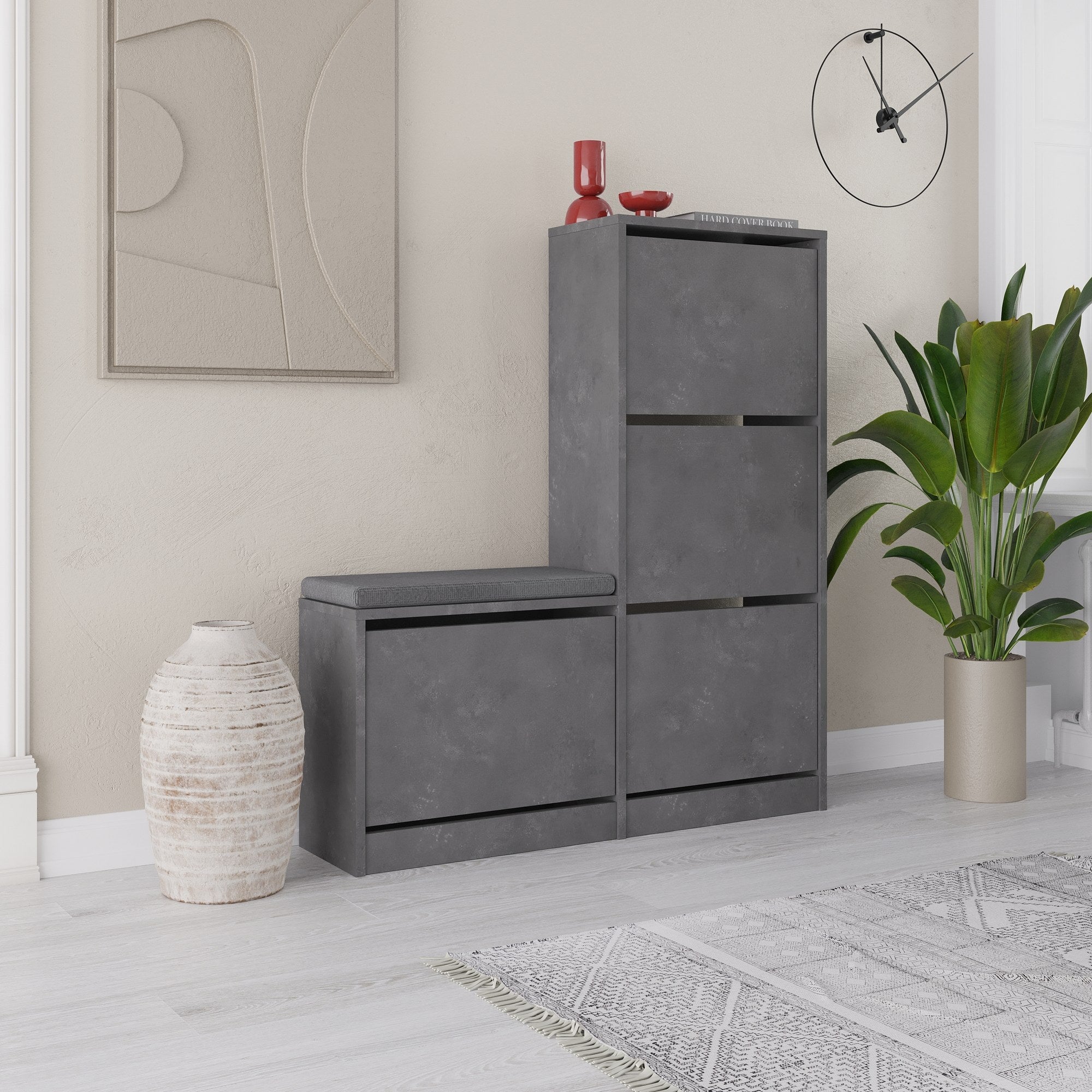 Elegante sapateira cinza, 105 cm x 118,5 cm x 26 cm | Painel de partículas 100% revestido de melamina, 18 mm de espessura | Perfeito para entradas modernas e soluções de armazenamento