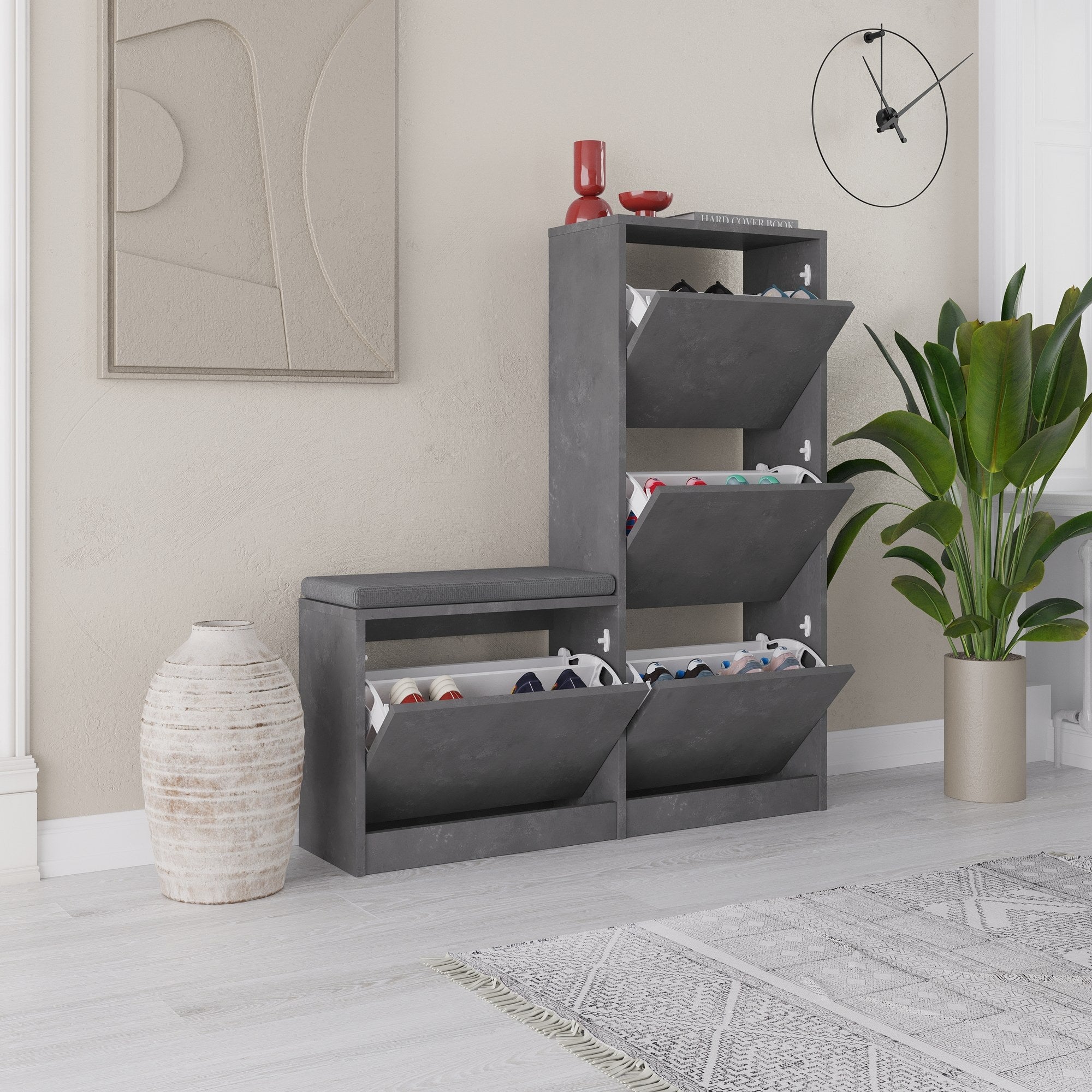 Elegante sapateira cinza, 105 cm x 118,5 cm x 26 cm | Painel de partículas 100% revestido de melamina, 18 mm de espessura | Perfeito para entradas modernas e soluções de armazenamento