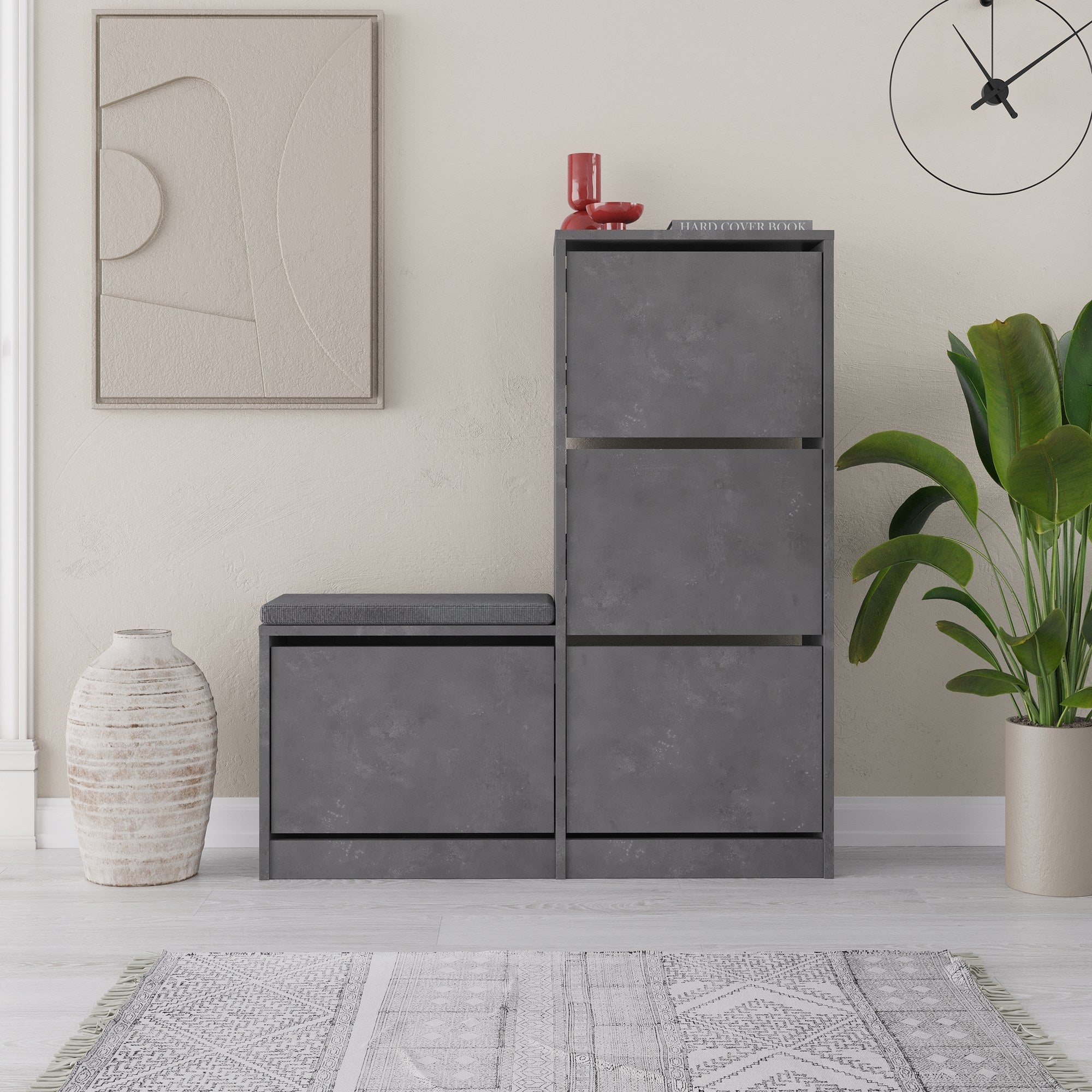 Elegante sapateira cinza, 105 cm x 118,5 cm x 26 cm | Painel de partículas 100% revestido de melamina, 18 mm de espessura | Perfeito para entradas modernas e soluções de armazenamento